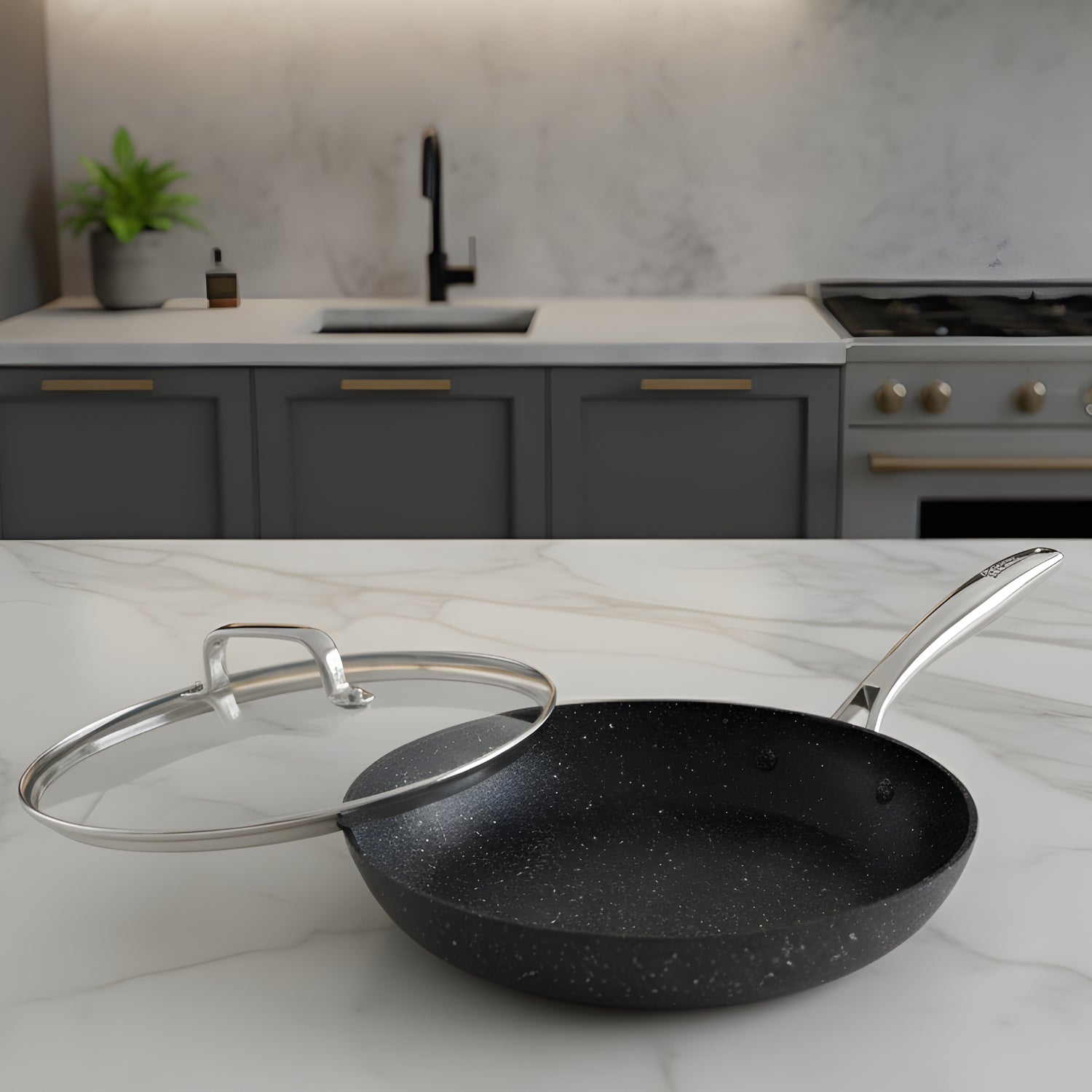 Voke - 8" Marble Stone Nonstick Frying Pan with Lid