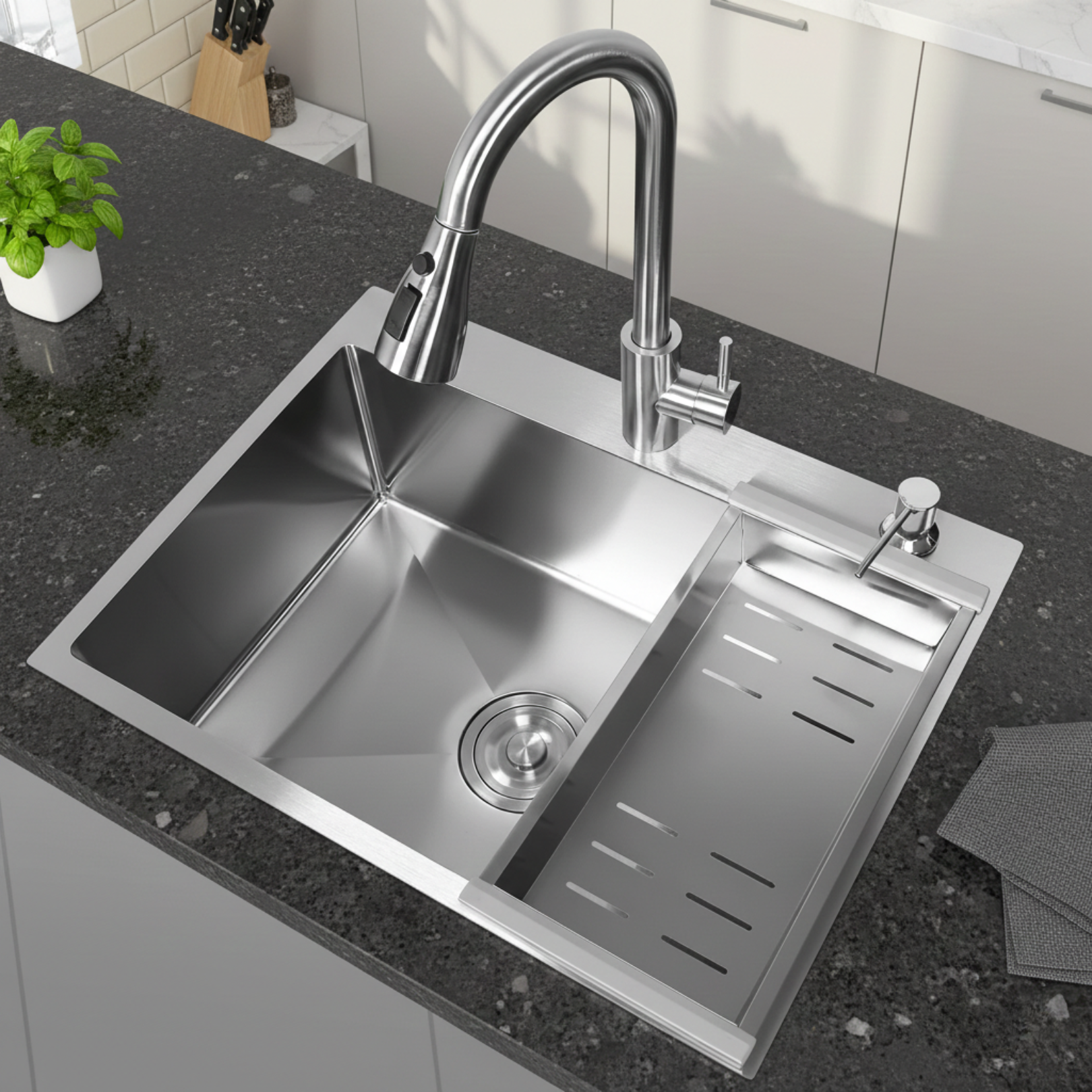 Klopeiner - 23.62" Stainless Steel Undermount Kitchen Sink with Pull-Out Faucet - Single Bowl Workstation Sink for Kitchen, Laundry & Bathroom