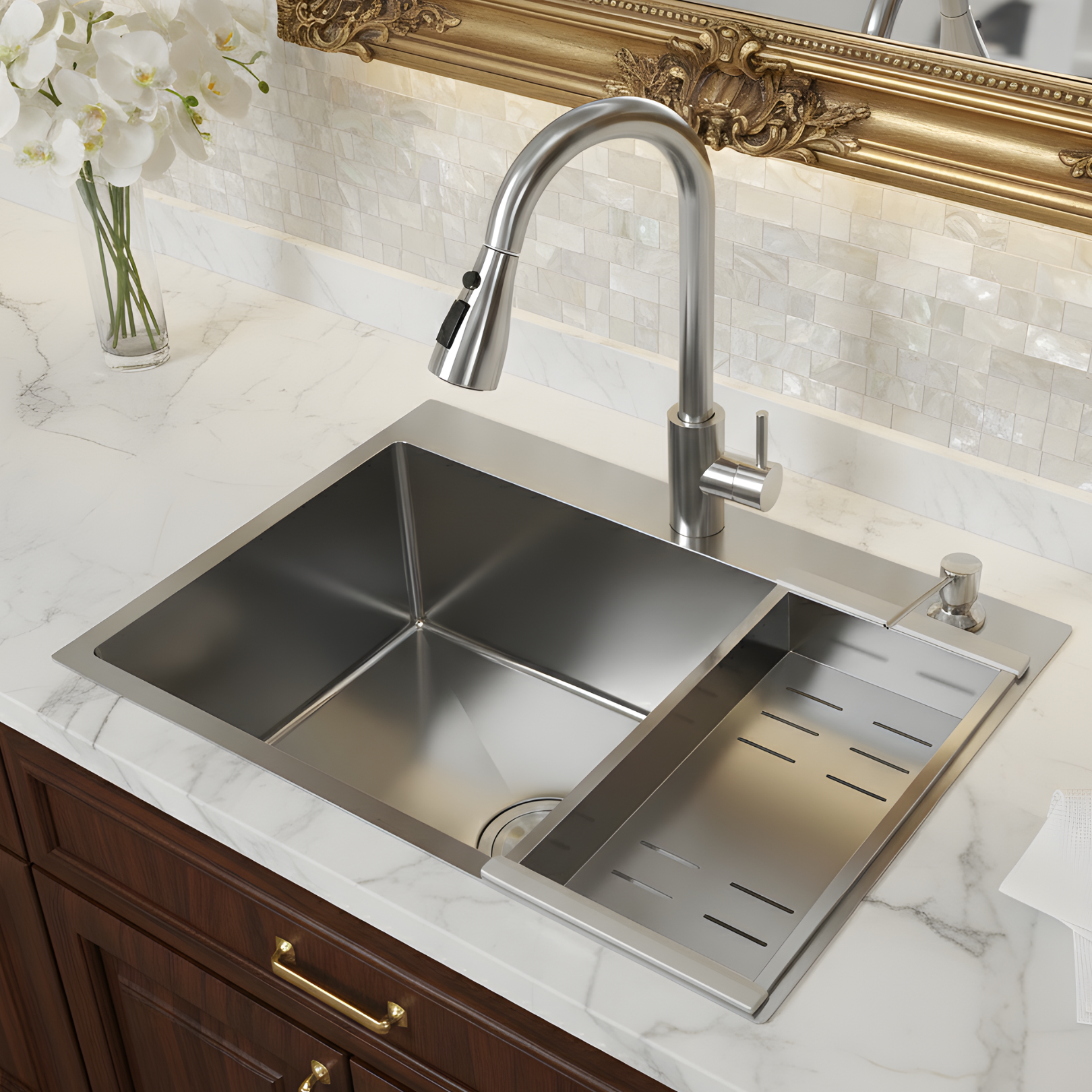 Klopeiner - 23.62" Stainless Steel Undermount Kitchen Sink with Pull-Out Faucet - Single Bowl Workstation Sink for Kitchen, Laundry & Bathroom