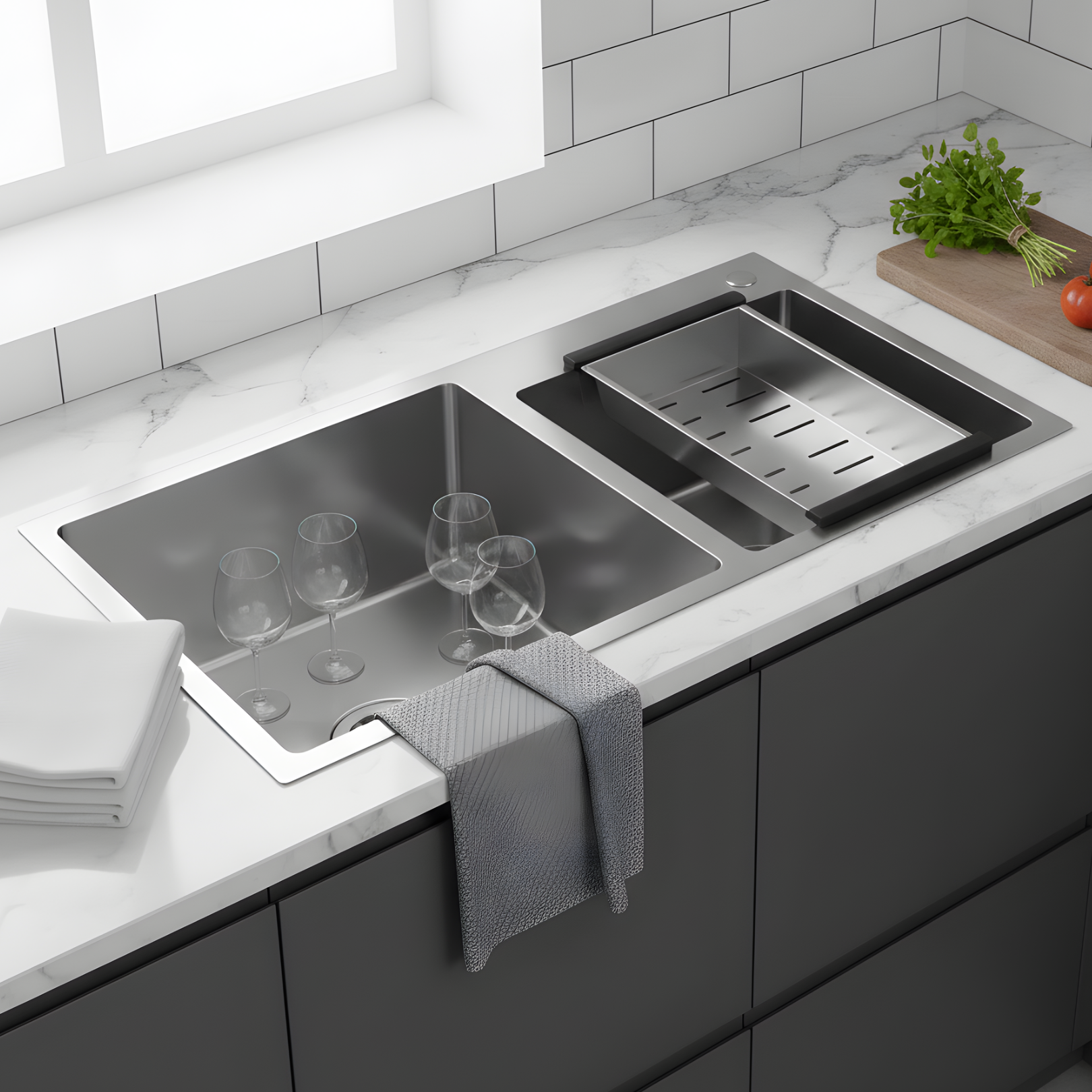 Strolberg - Drop-in Workstation Sink - Stainless Steel Double Bowl Kitchen Sink with Noise Reduction - Silver