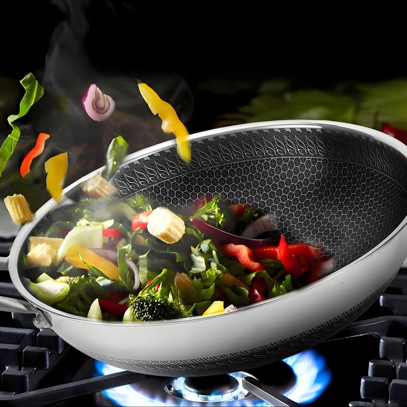 Panora - 13" Nonstick PFOA-Free Hybrid Wok Stainless Steel Pan with Lid
