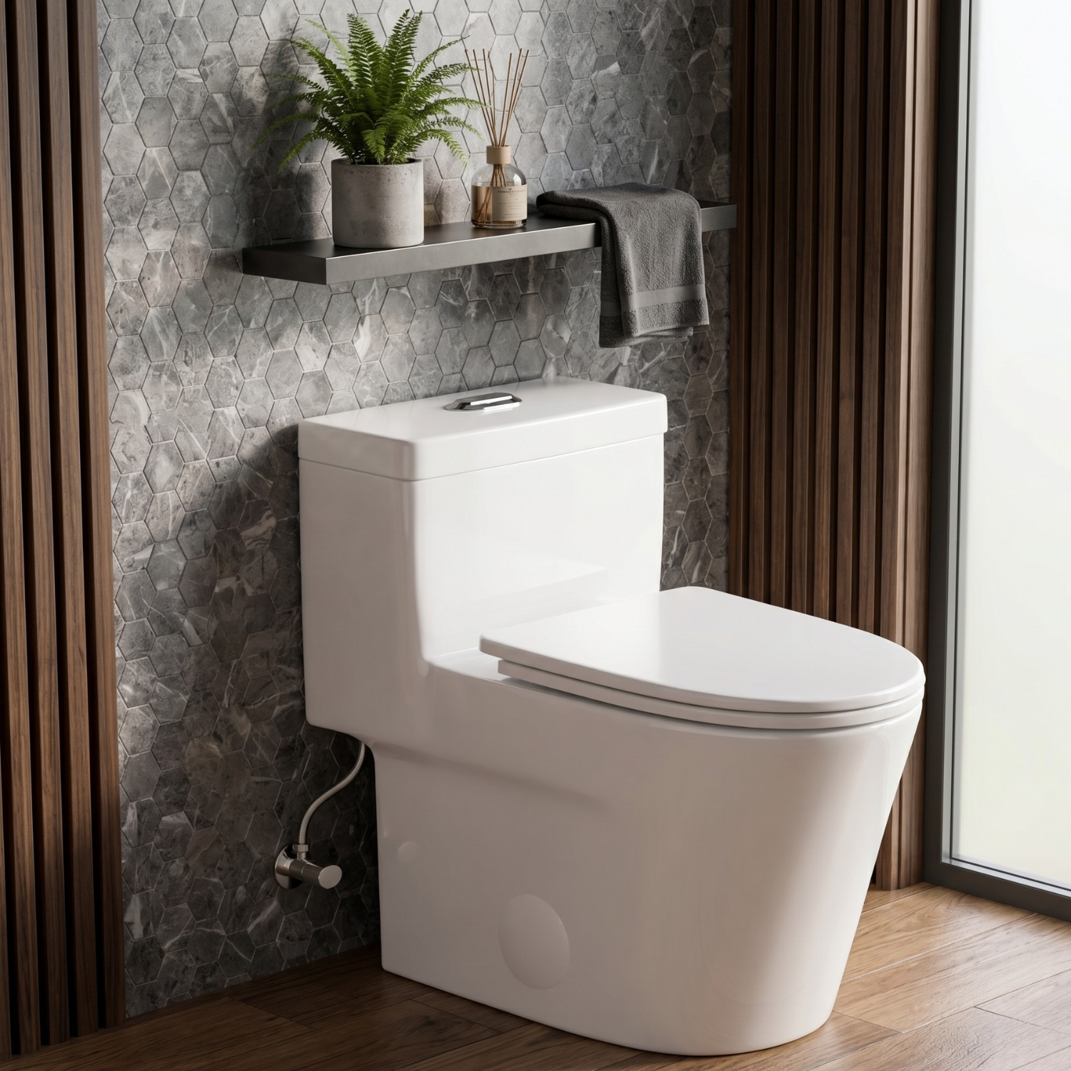 Are - One-Piece 1.1/1.6 GPF Dual Flush Round Toilet in White Soft Close Seat Included