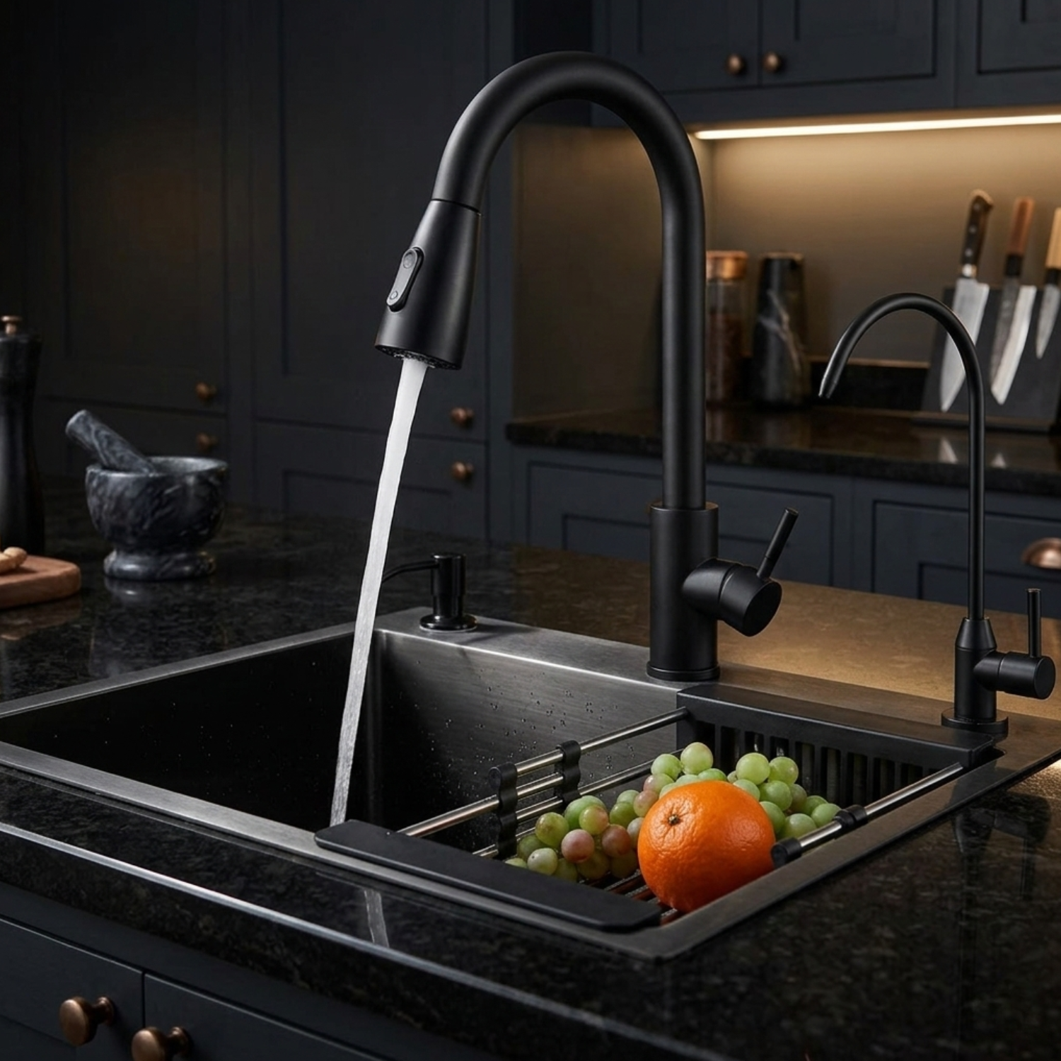 Black kitchen faucet with running water over a sink containing fruits in a modern kitchen.