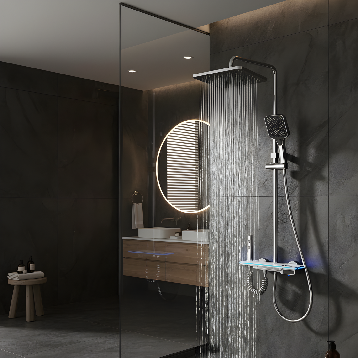 Dalarna - Smart Shower System with Lights, Tempered Glass Piano Key Controls, Digital Temperature Display (°C) Thermostatic Mixer Full Set