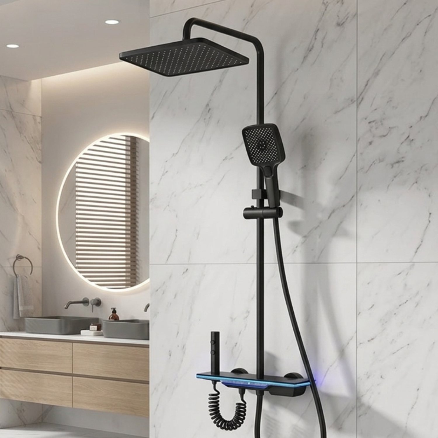 Dalarna - Smart Shower System with Lights, Tempered Glass Piano Key Controls, Digital Temperature Display (°C) Thermostatic Mixer Full Set