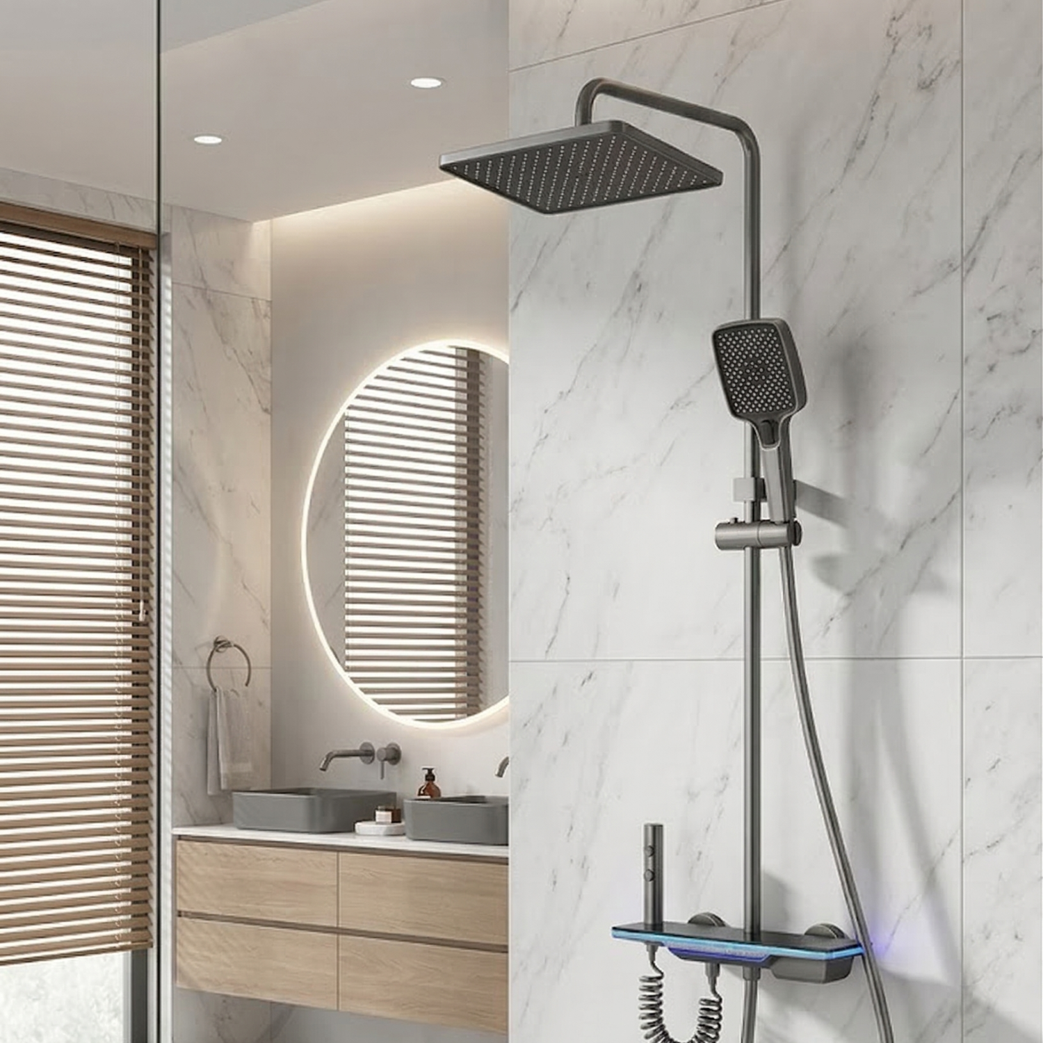 Dalarna - Smart Shower System with Lights, Tempered Glass Piano Key Controls, Digital Temperature Display (°C) Thermostatic Mixer Full Set