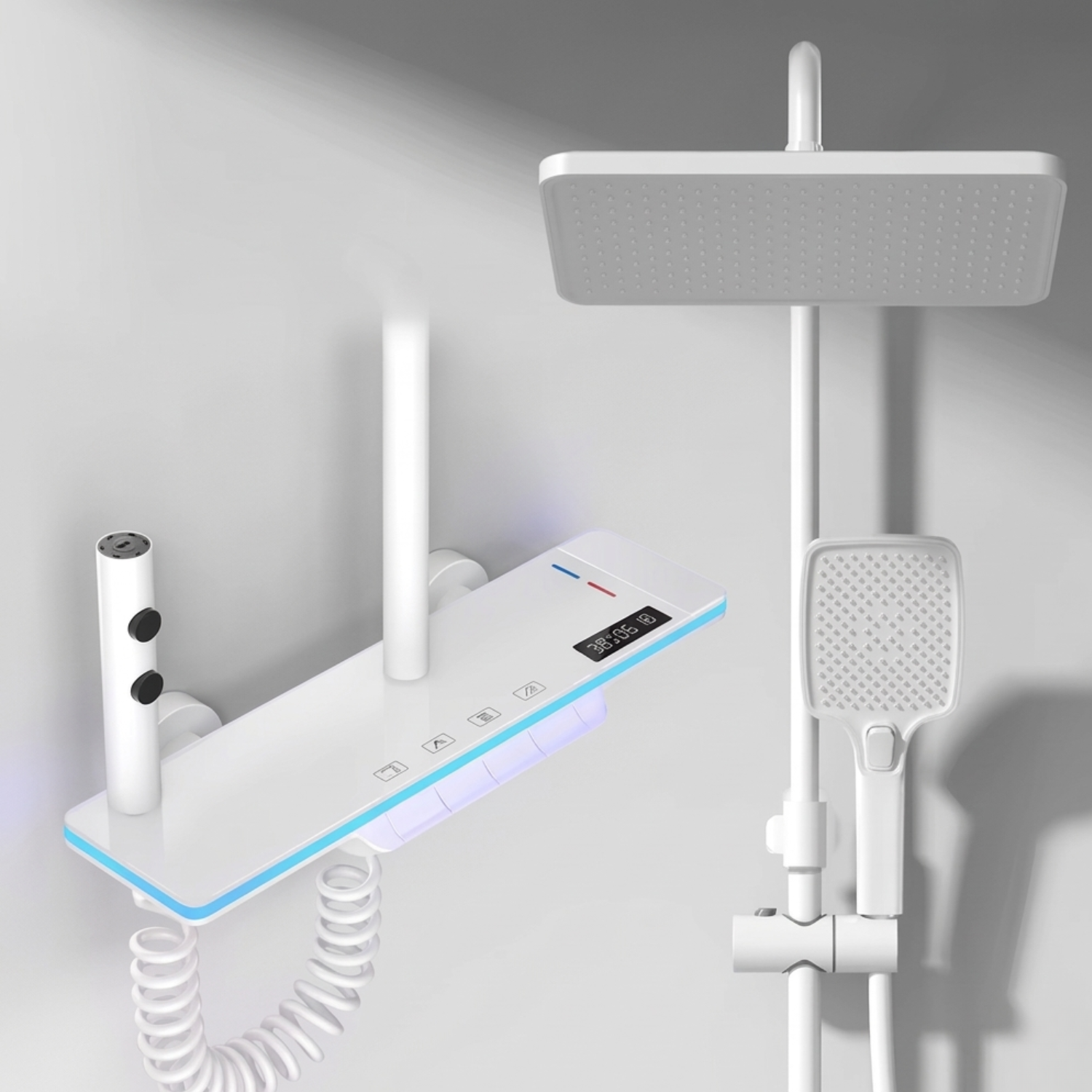 Dalarna - Smart Shower System with Lights, Tempered Glass Piano Key Controls, Digital Temperature Display (°C) Thermostatic Mixer Full Set