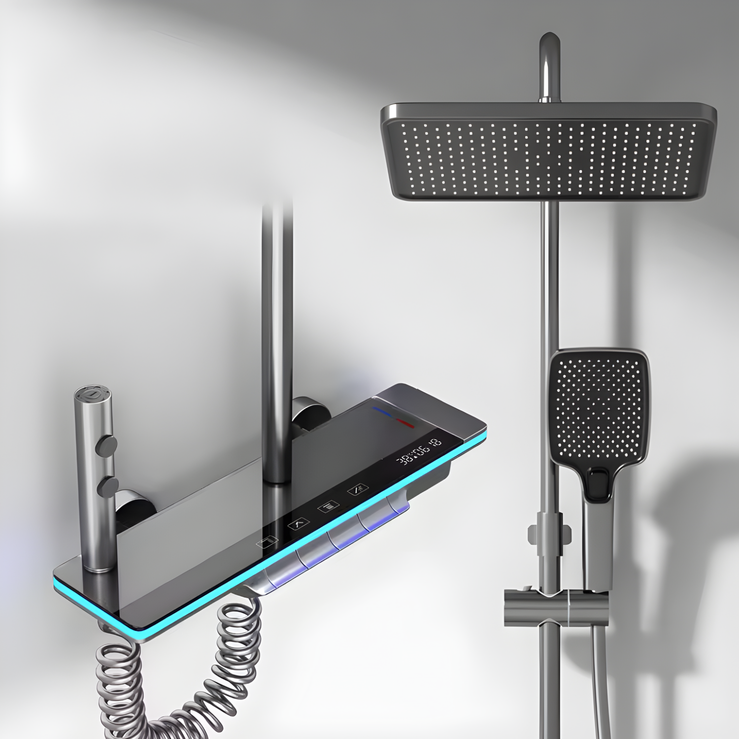 Dalarna - Smart Shower System with Lights, Tempered Glass Piano Key Controls, Digital Temperature Display (°C) Thermostatic Mixer Full Set