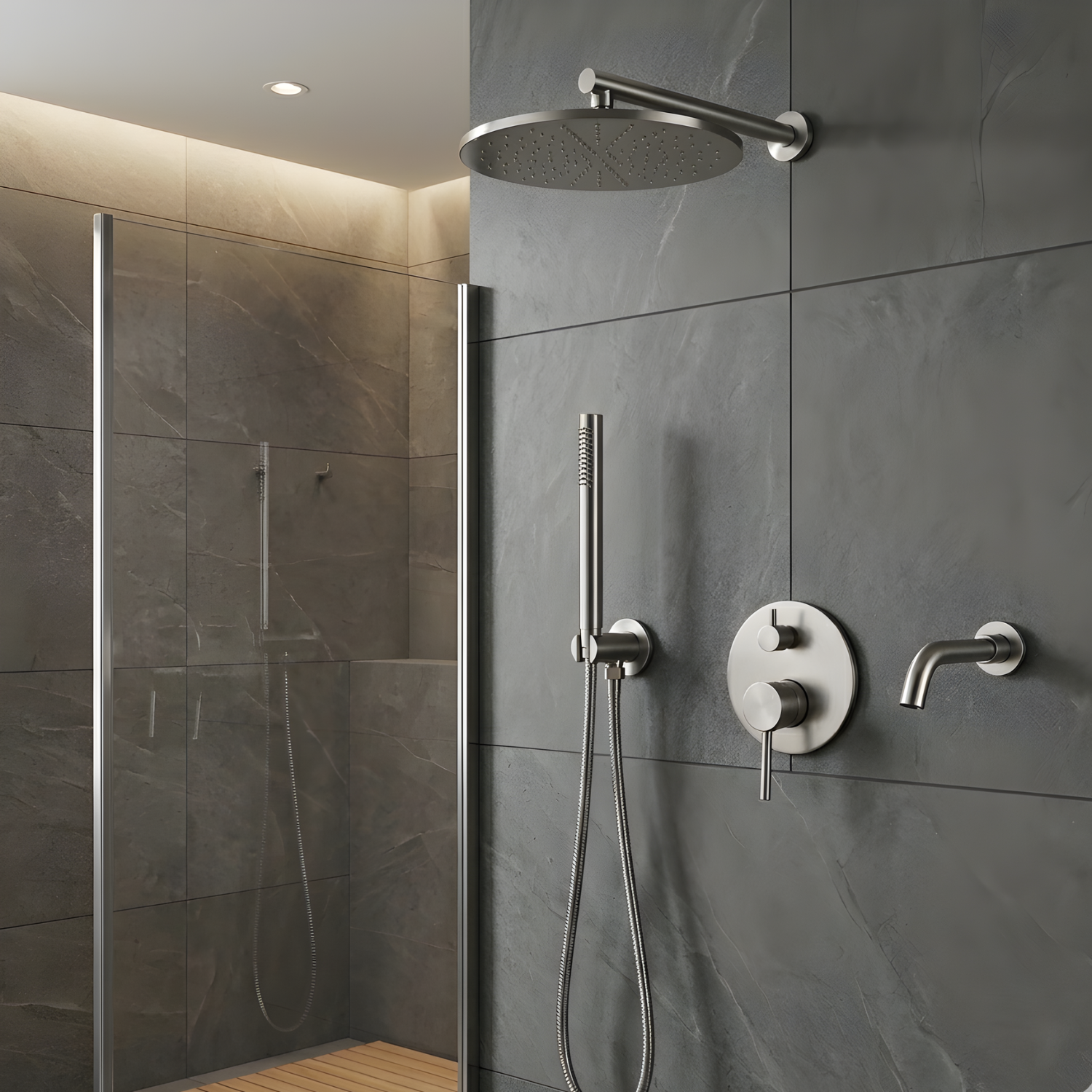 Faroe - Three Way Bathroom Shower Faucet Set with Rainfall Head, Hand Shower & Tub Spout –with Brass Hot Cold Mixer Tap