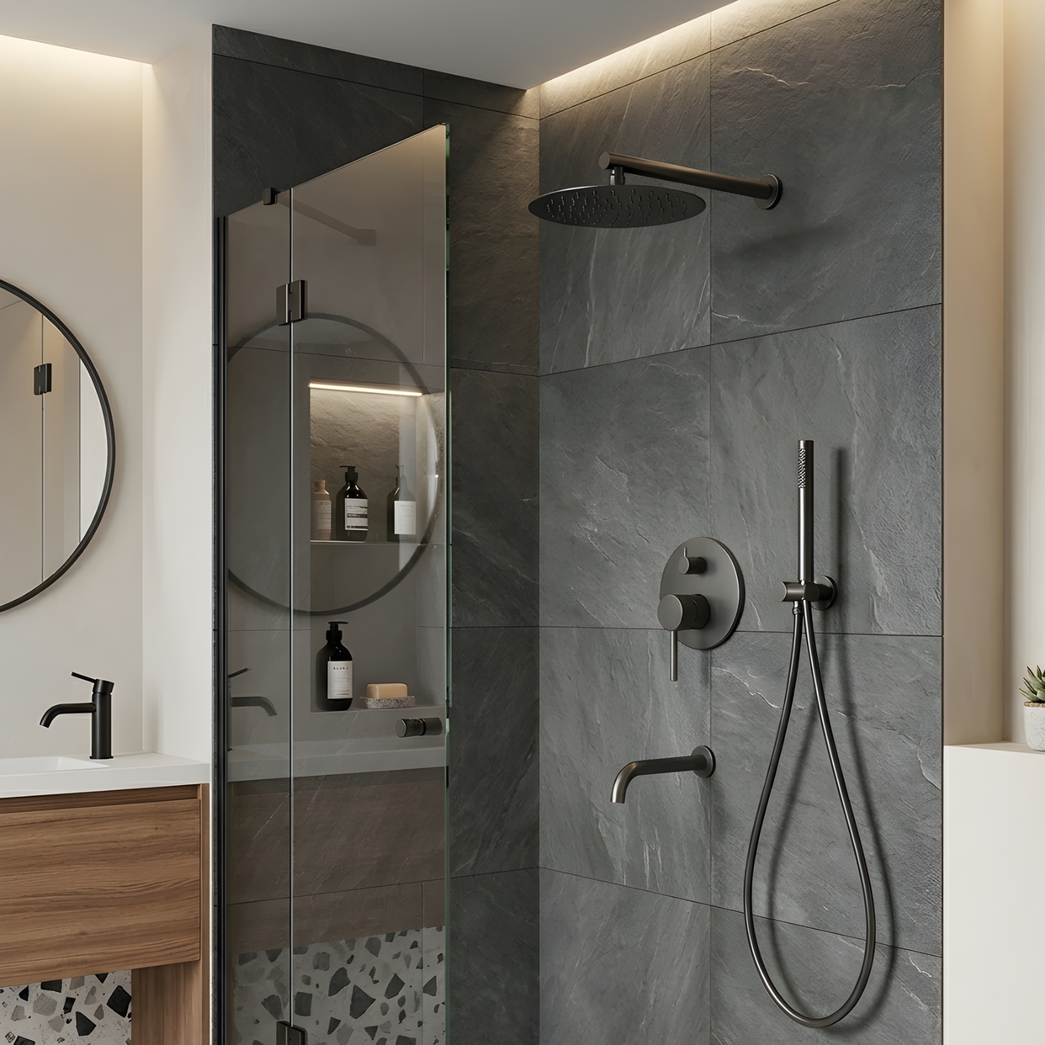 Faroe - Three Way Bathroom Shower Faucet Set with Rainfall Head, Hand Shower & Tub Spout –with Brass Hot Cold Mixer Tap