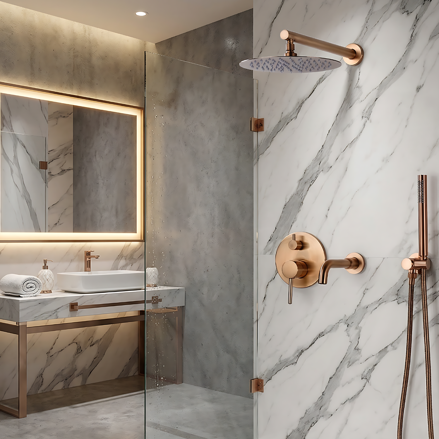 Faroe - Three Way Bathroom Shower Faucet Set with Rainfall Head, Hand Shower & Tub Spout –with Brass Hot Cold Mixer Tap