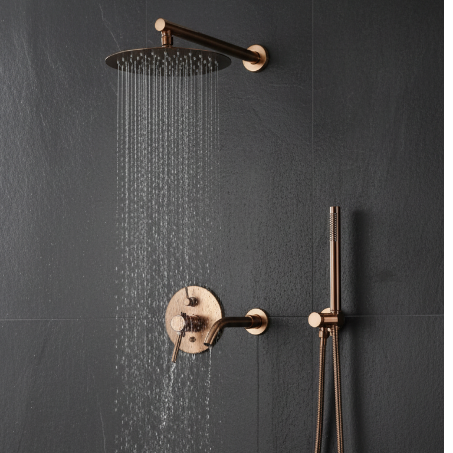 Faroe - Three Way Bathroom Shower Faucet Set with Rainfall Head, Hand Shower & Tub Spout –with Brass Hot Cold Mixer Tap
