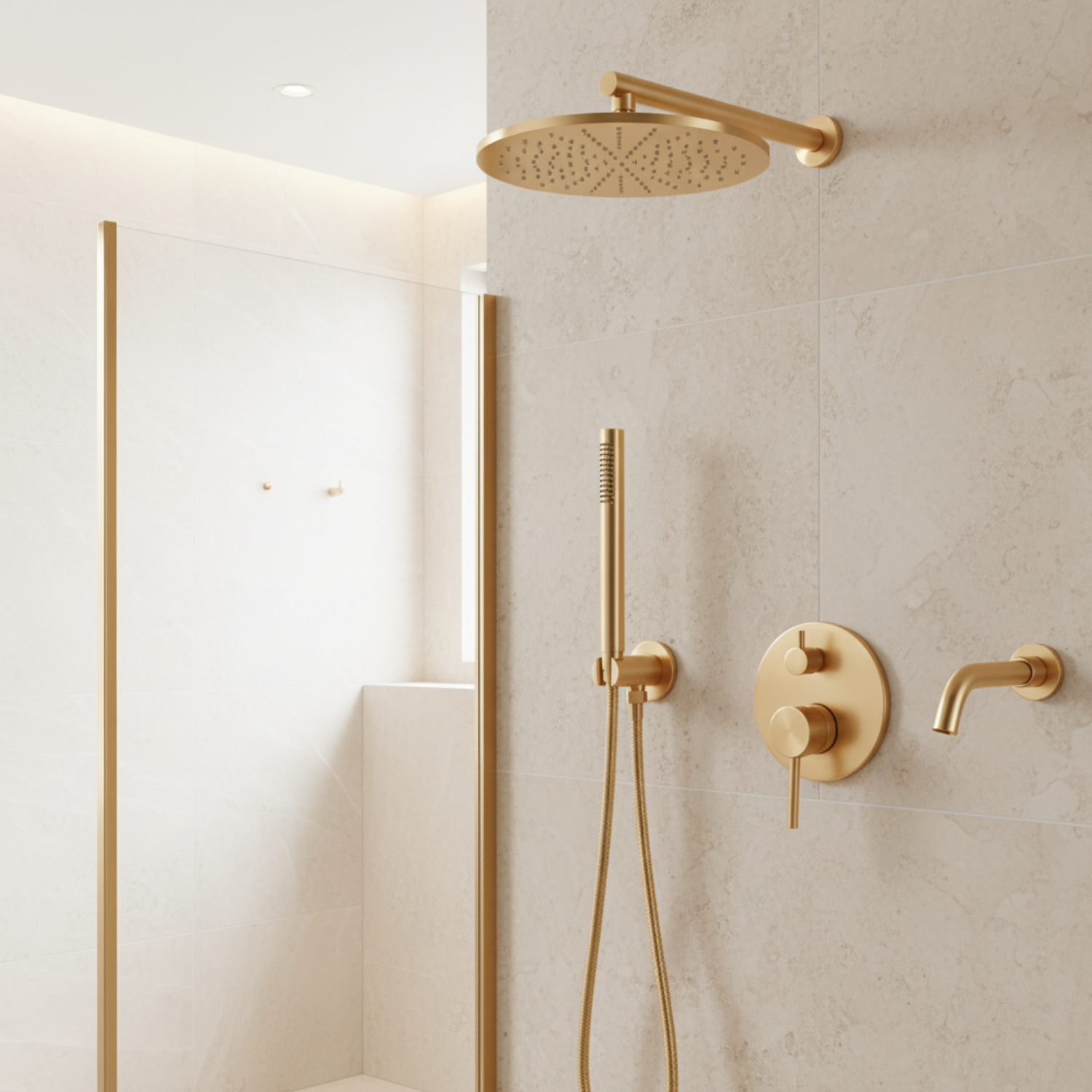Faroe - Three Way Bathroom Shower Faucet Set with Rainfall Head, Hand Shower & Tub Spout –with Brass Hot Cold Mixer Tap