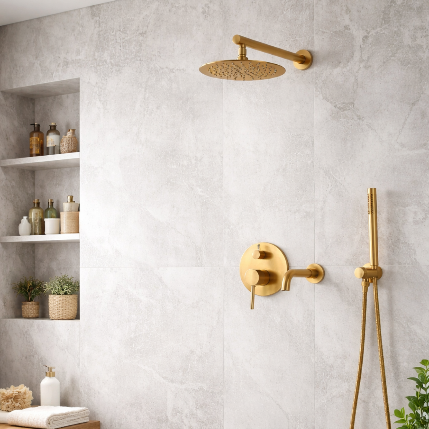 Faroe - Three Way Bathroom Shower Faucet Set with Rainfall Head, Hand Shower & Tub Spout –with Brass Hot Cold Mixer Tap