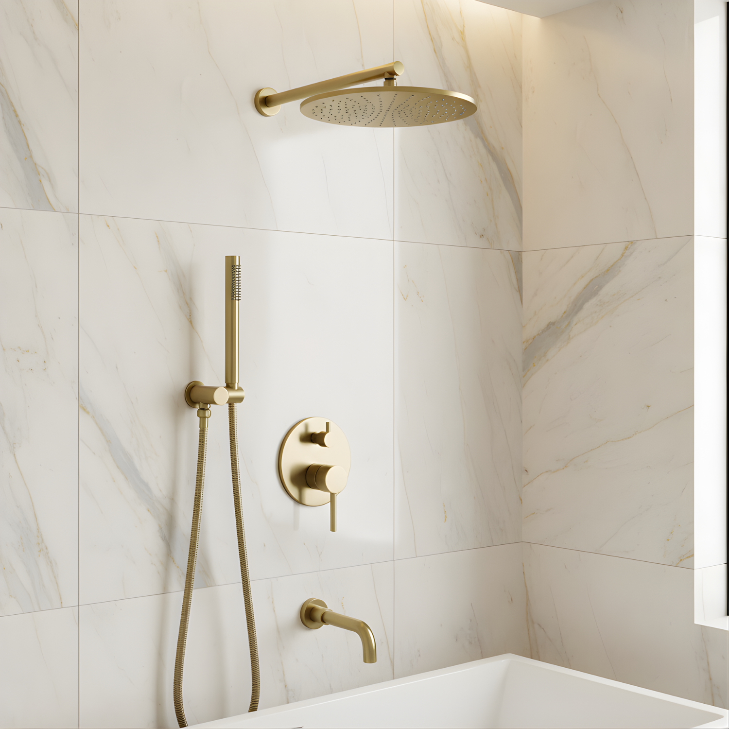 Faroe - Three Way Bathroom Shower Faucet Set with Rainfall Head, Hand Shower & Tub Spout –with Brass Hot Cold Mixer Tap