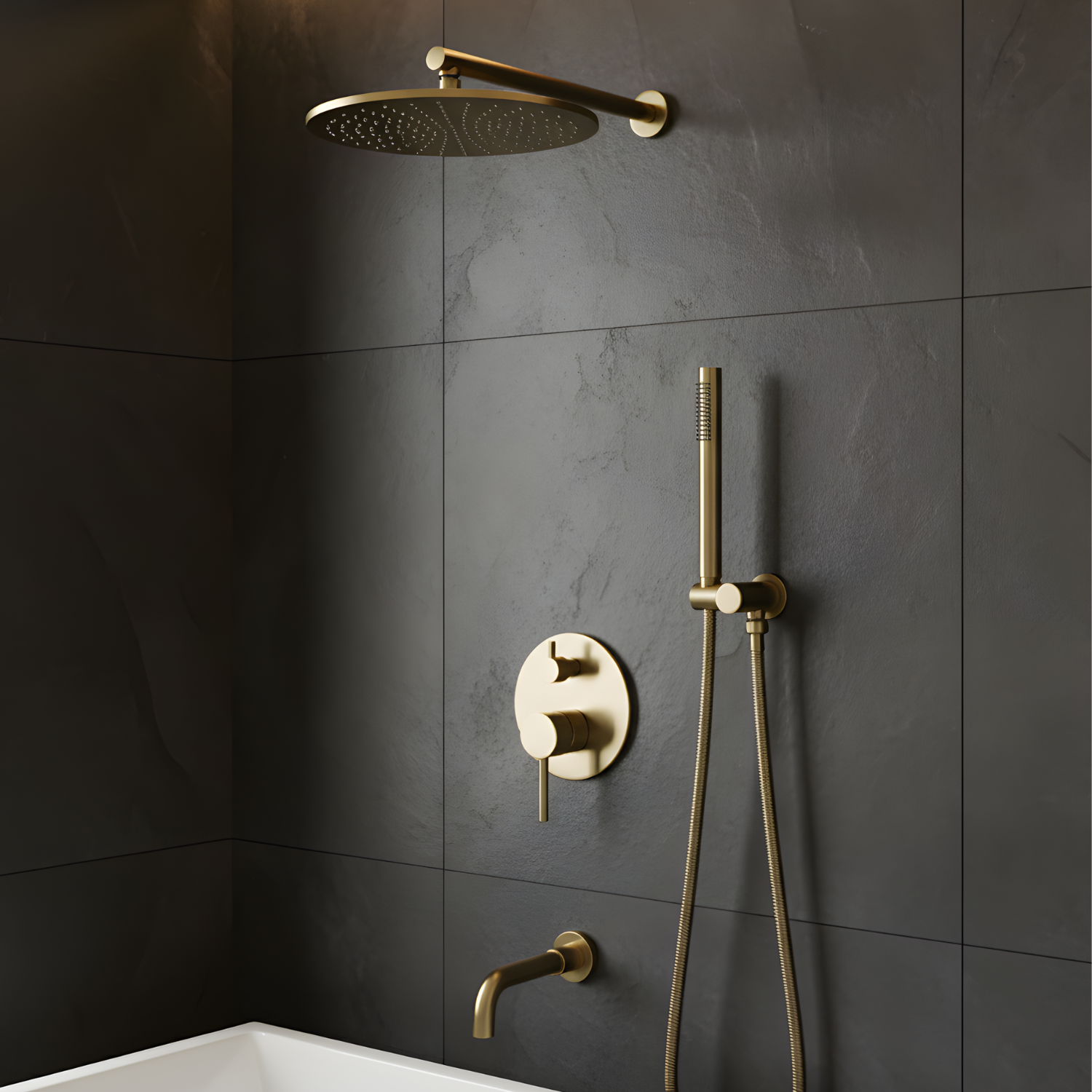 Faroe - Three Way Bathroom Shower Faucet Set with Rainfall Head, Hand Shower & Tub Spout –with Brass Hot Cold Mixer Tap