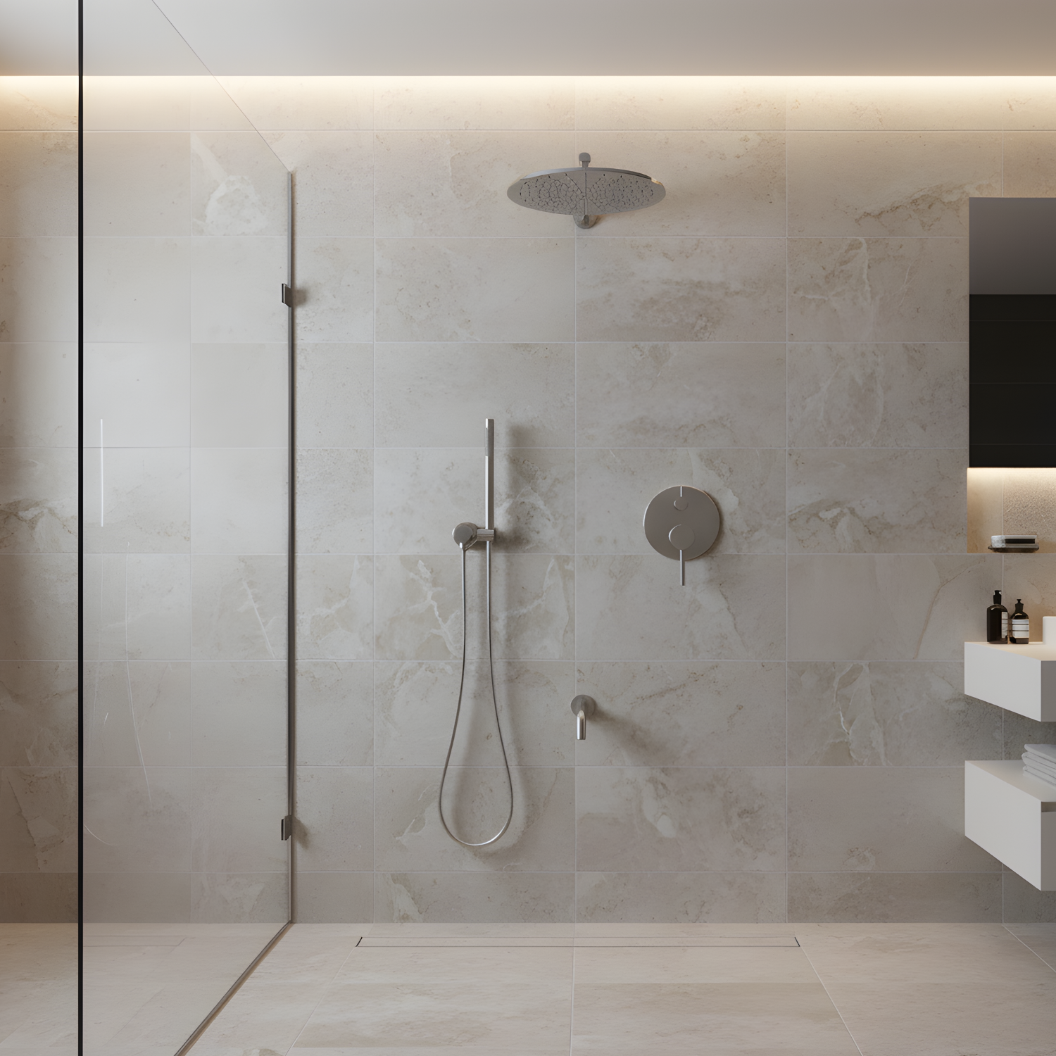 Faroe - Three Way Bathroom Shower Faucet Set with Rainfall Head, Hand Shower & Tub Spout –with Brass Hot Cold Mixer Tap