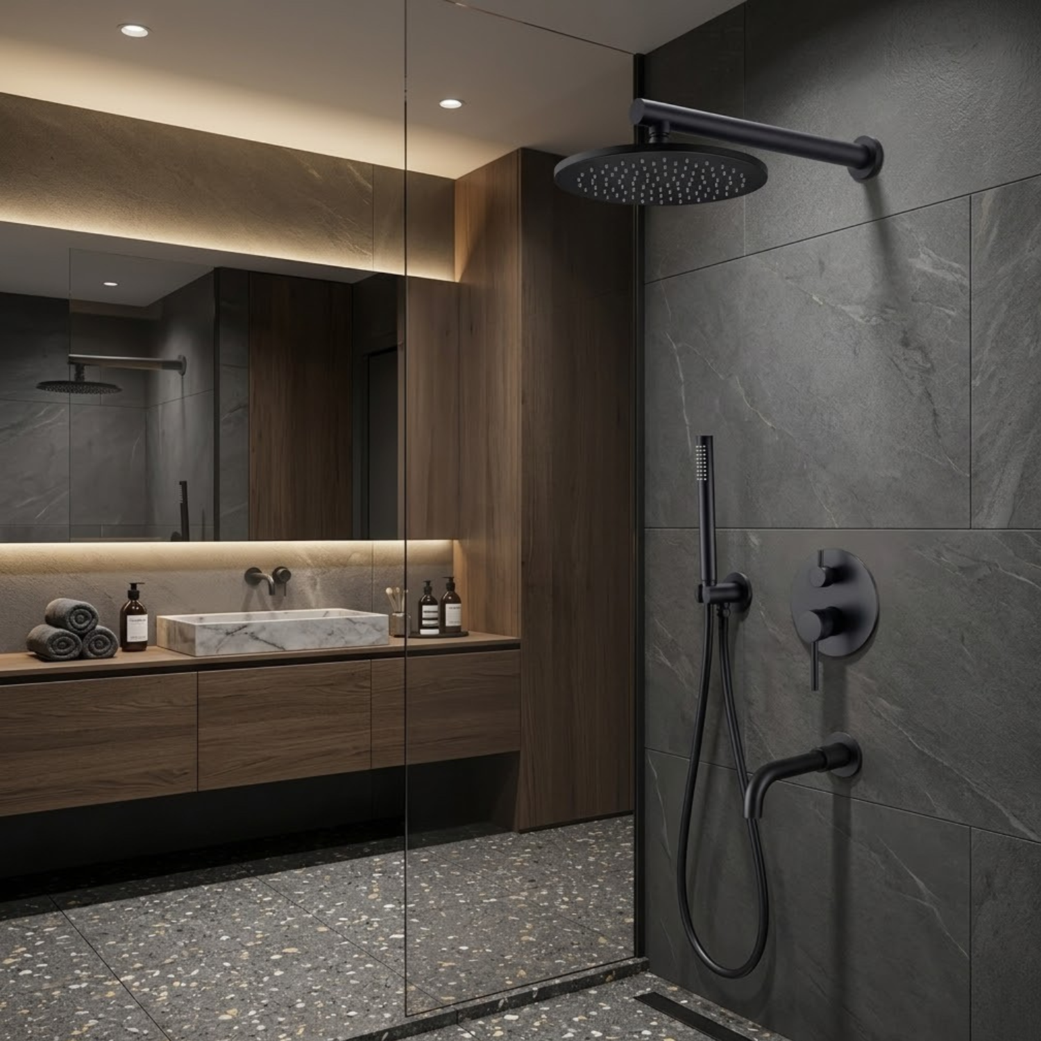 Faroe - Three Way Bathroom Shower Faucet Set with Rainfall Head, Hand Shower & Tub Spout –with Brass Hot Cold Mixer Tap