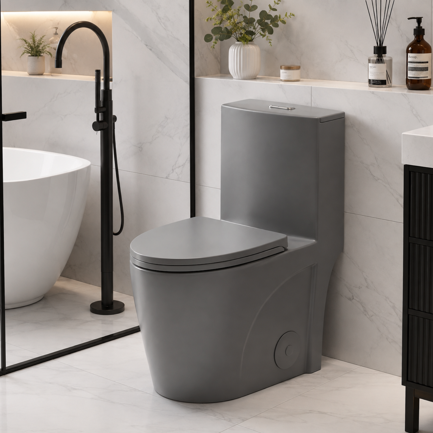 Femunden - Light Gray Modern One-Piece Toilet with Dual Flush & Soft-Close Seat