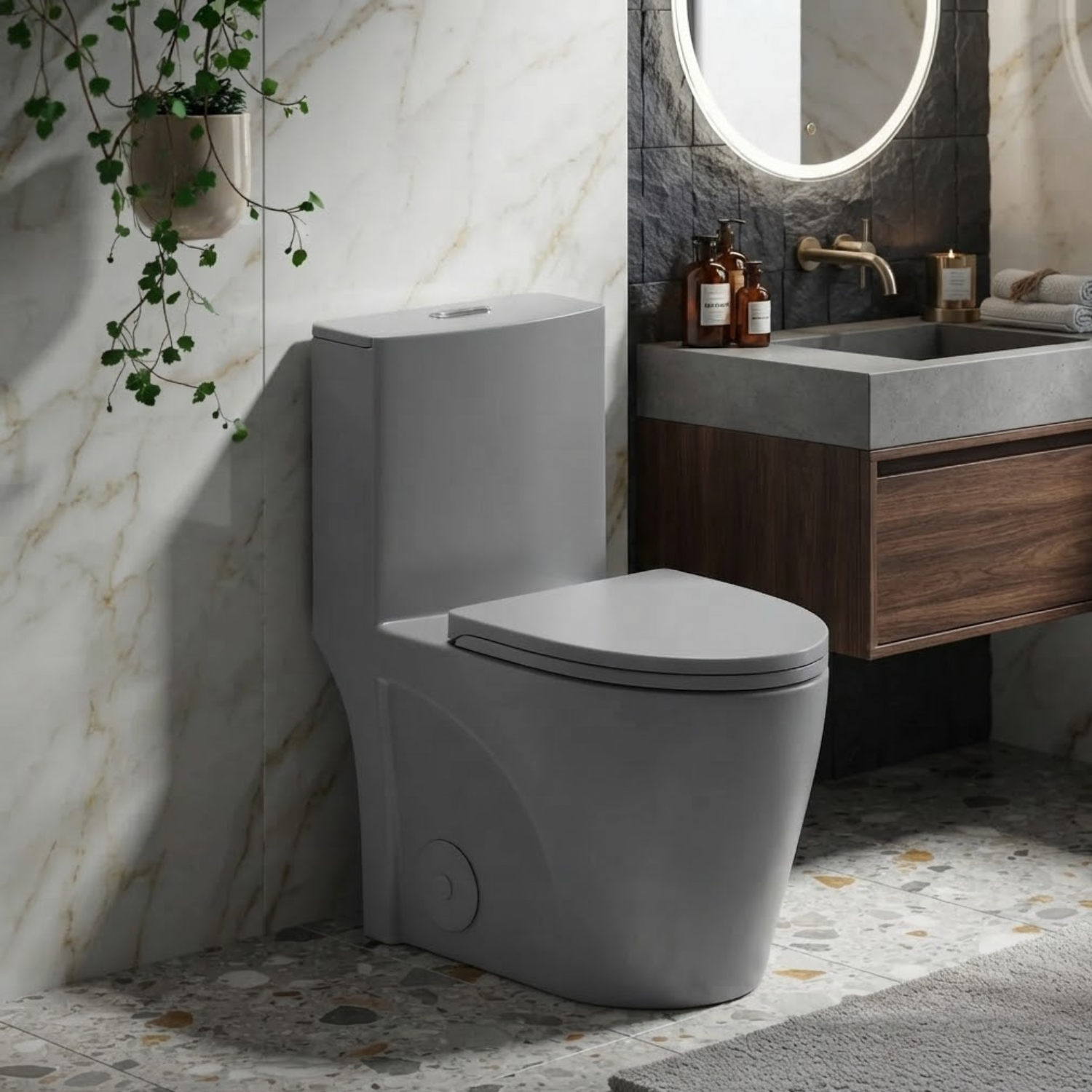 Femunden - Light Gray Modern One-Piece Toilet with Dual Flush & Soft-Close Seat