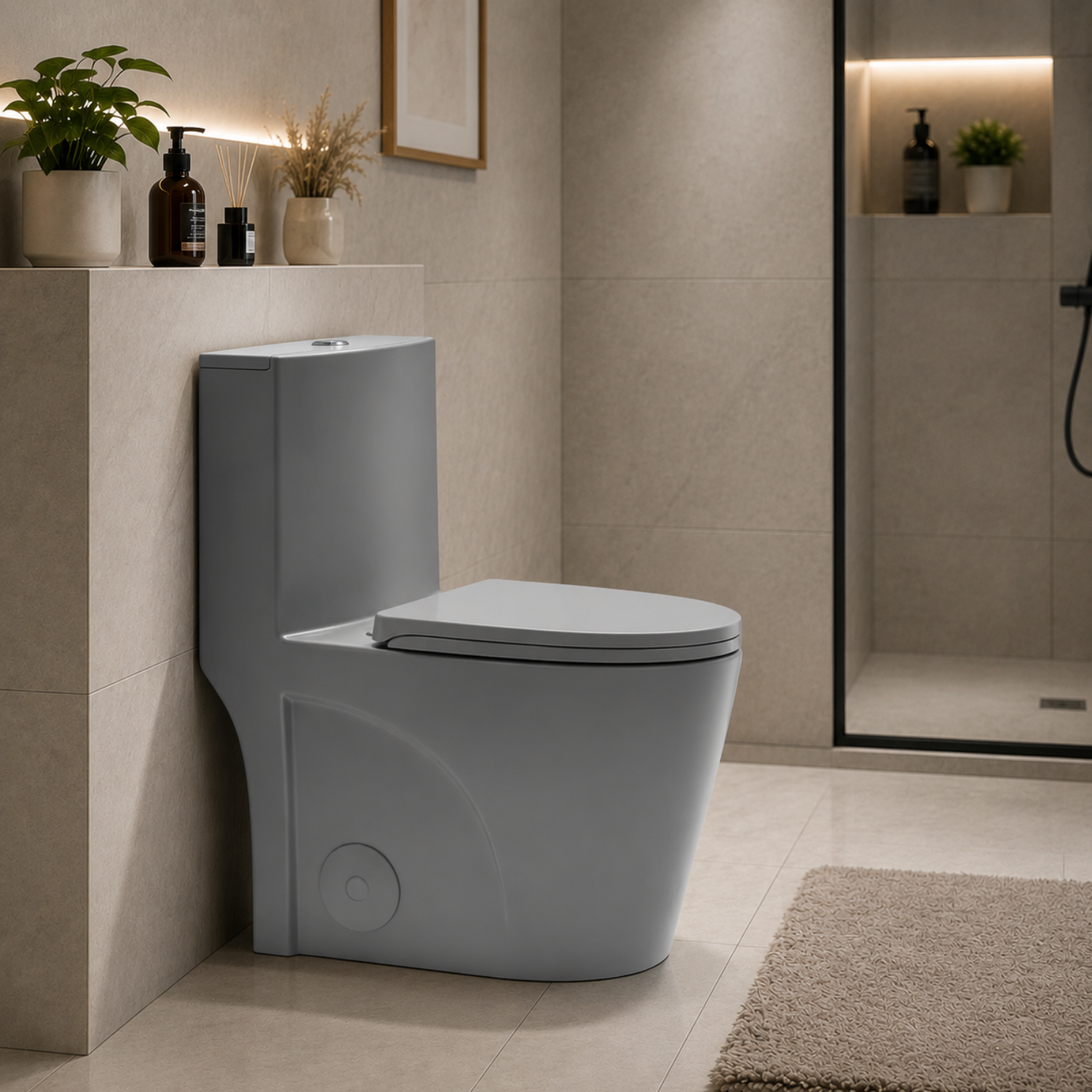 Femunden - Light Gray Modern One-Piece Toilet with Dual Flush & Soft-Close Seat