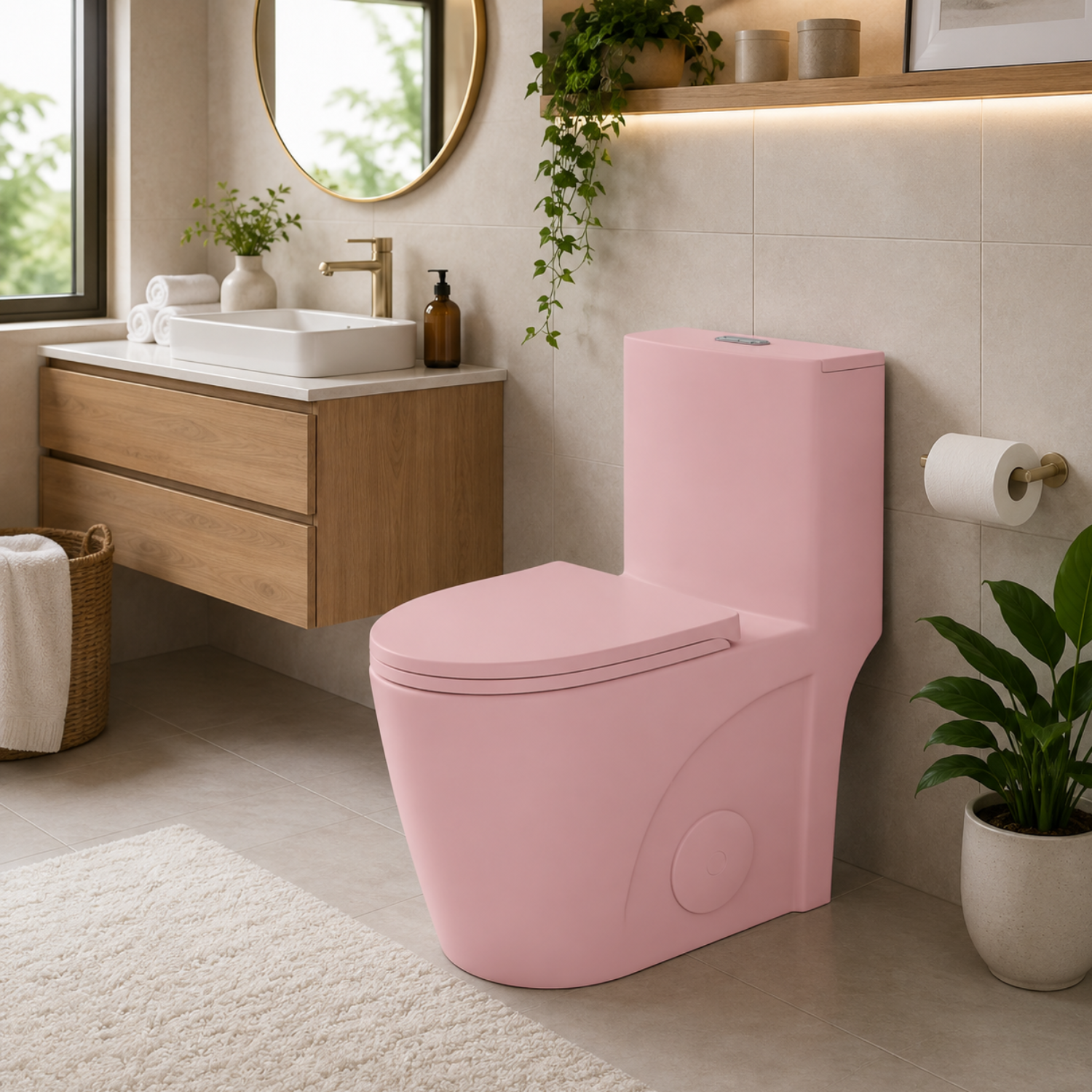 Hinnoya - Pink Modern One-Piece Toilet with Dual Flush & Soft-Close Seat