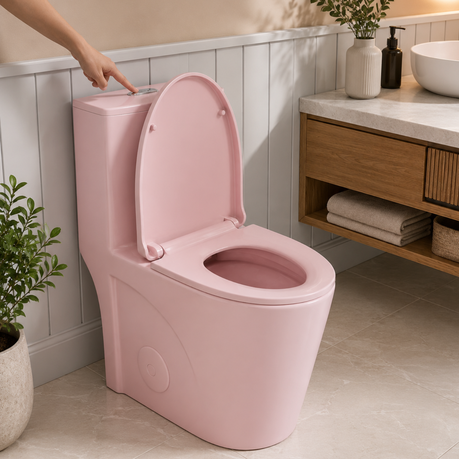 Hinnoya - Pink Modern One-Piece Toilet with Dual Flush & Soft-Close Seat