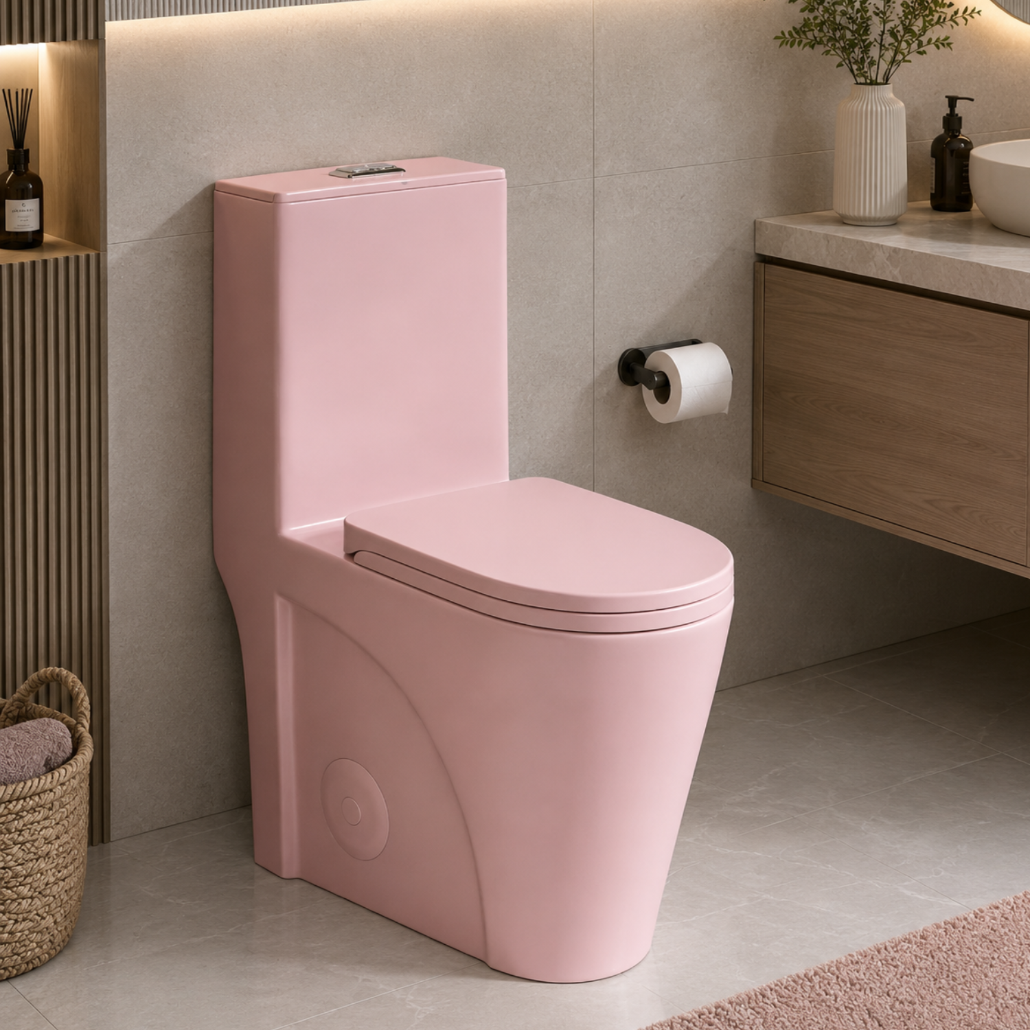Hinnoya - Pink Modern One-Piece Toilet with Dual Flush & Soft-Close Seat
