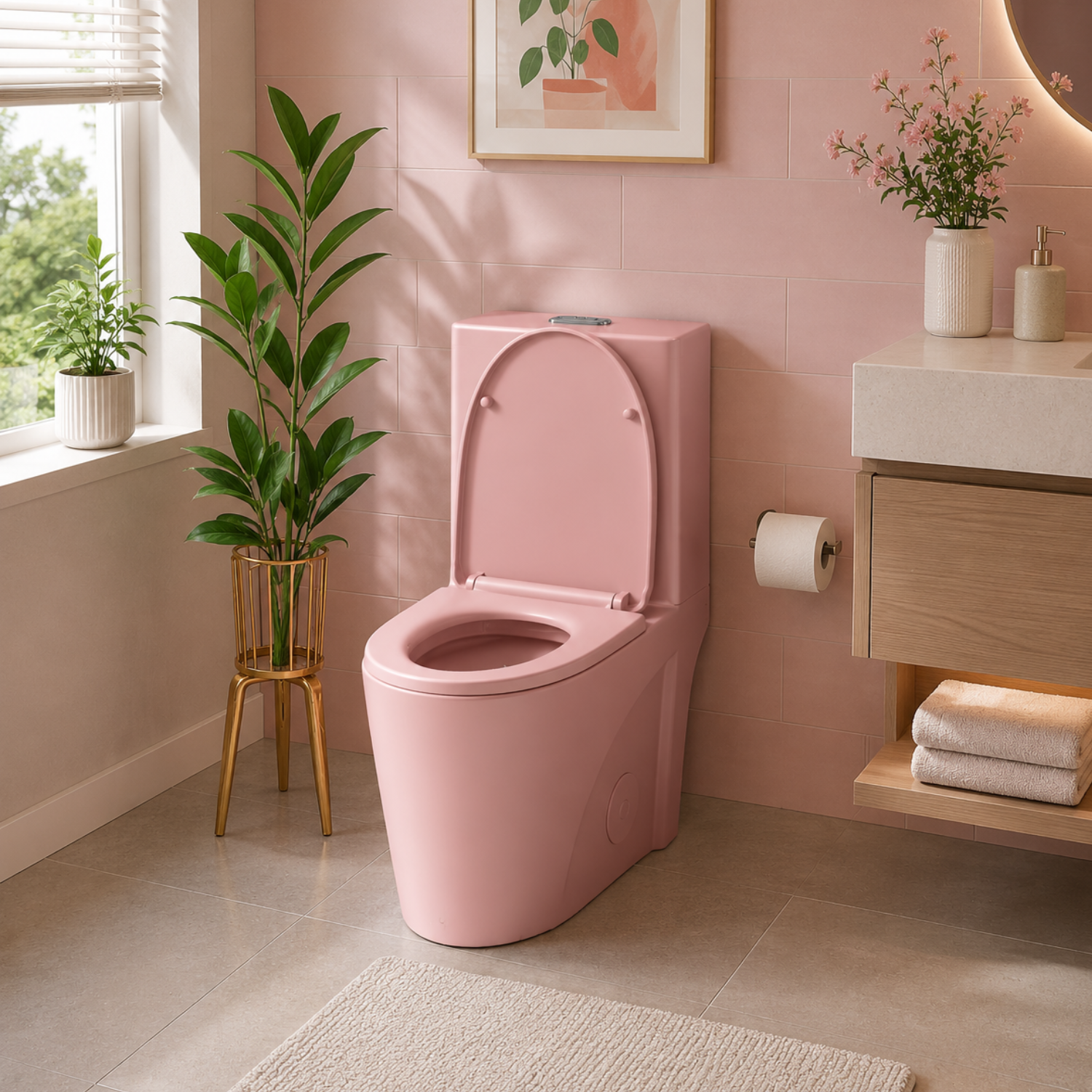 Hinnoya - Pink Modern One-Piece Toilet with Dual Flush & Soft-Close Seat