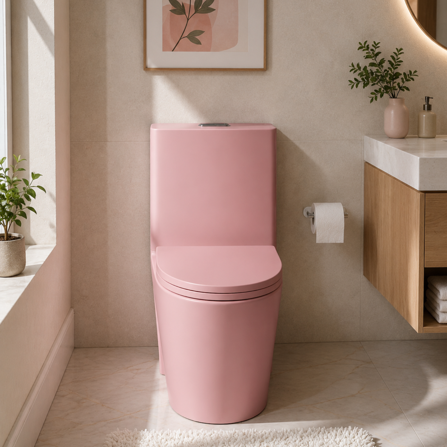 Hinnoya - Pink Modern One-Piece Toilet with Dual Flush & Soft-Close Seat