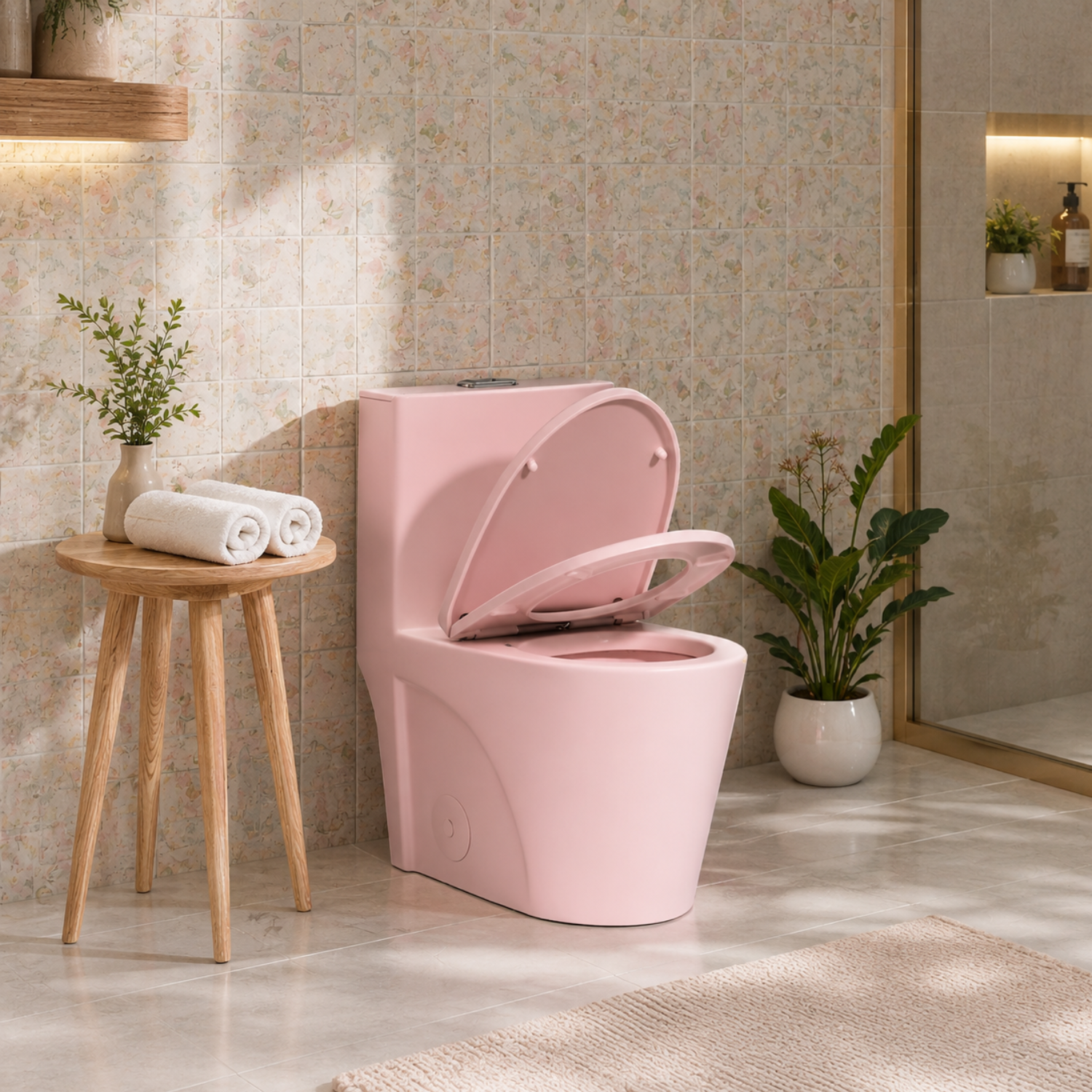 Hinnoya - Pink Modern One-Piece Toilet with Dual Flush & Soft-Close Seat