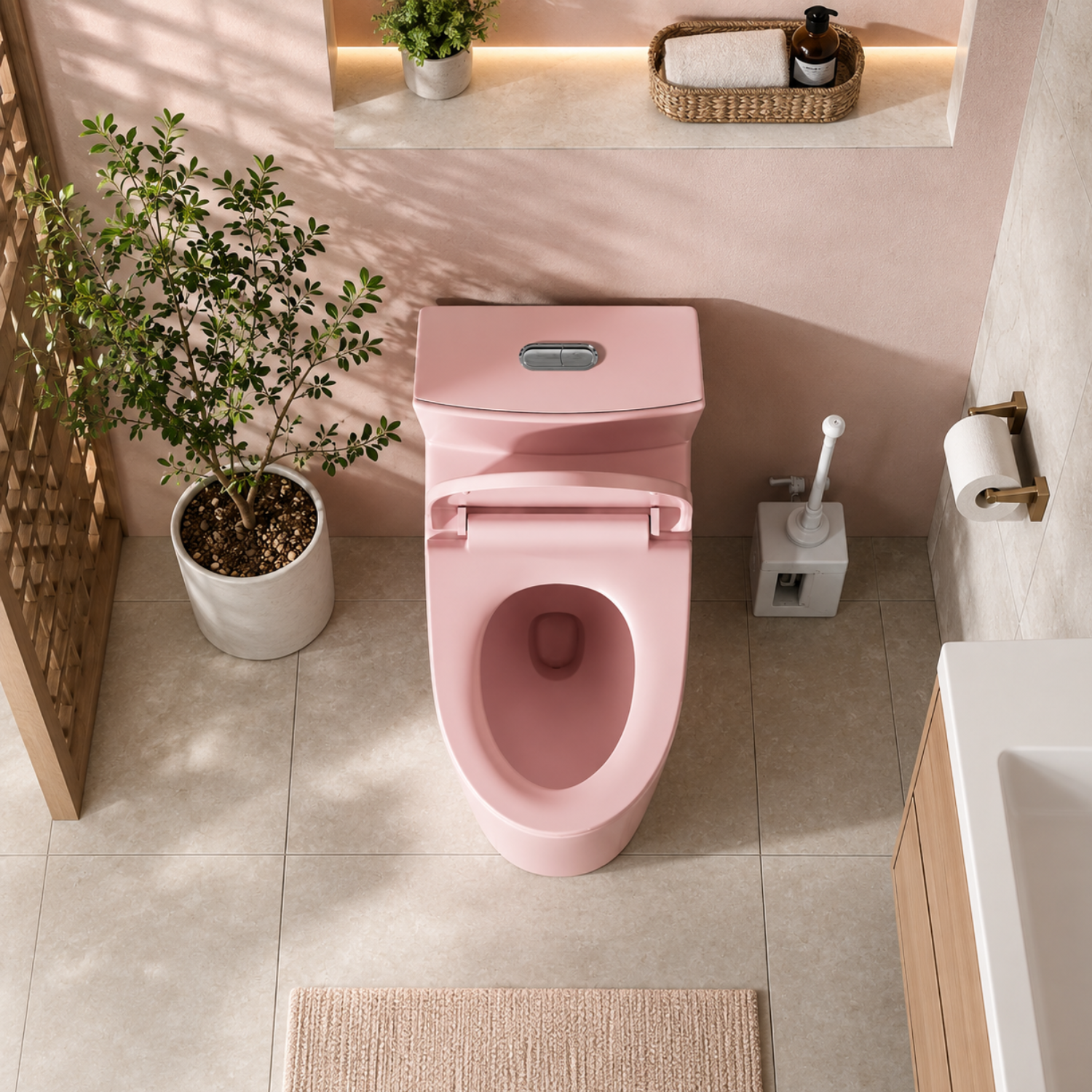 Hinnoya - Pink Modern One-Piece Toilet with Dual Flush & Soft-Close Seat