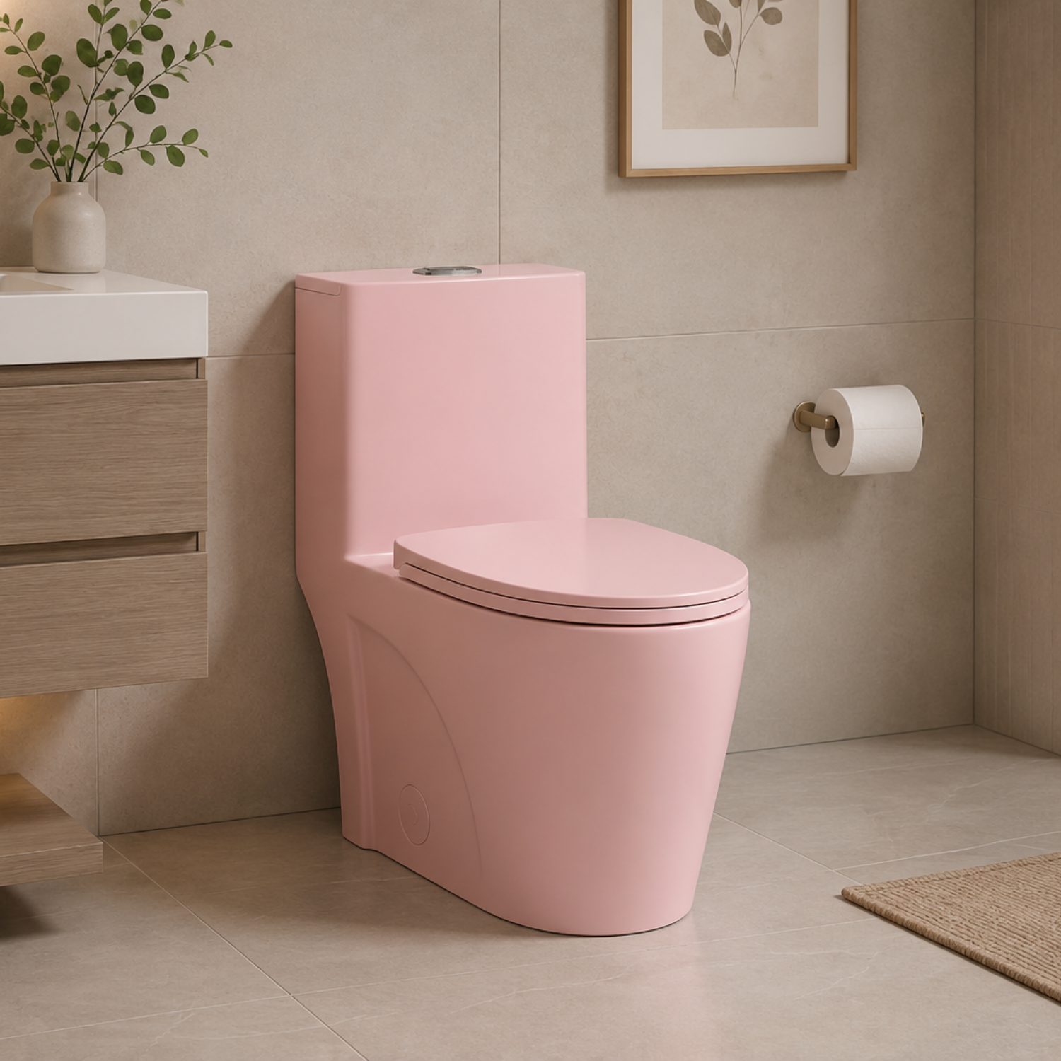 Hinnoya - Pink Modern One-Piece Toilet with Dual Flush & Soft-Close Seat