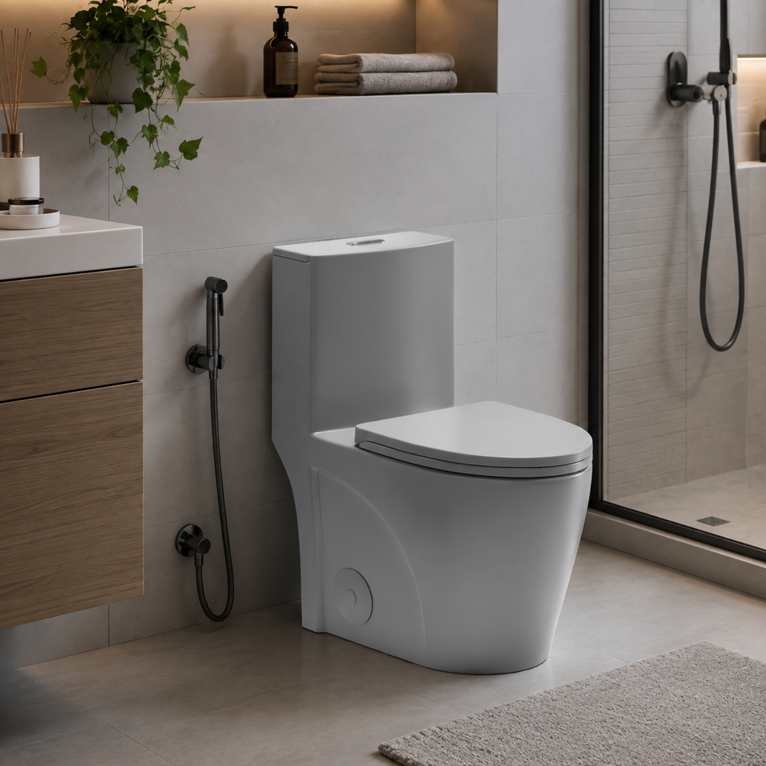 Femunden - Light Gray Modern One-Piece Toilet with Dual Flush & Soft-Close Seat