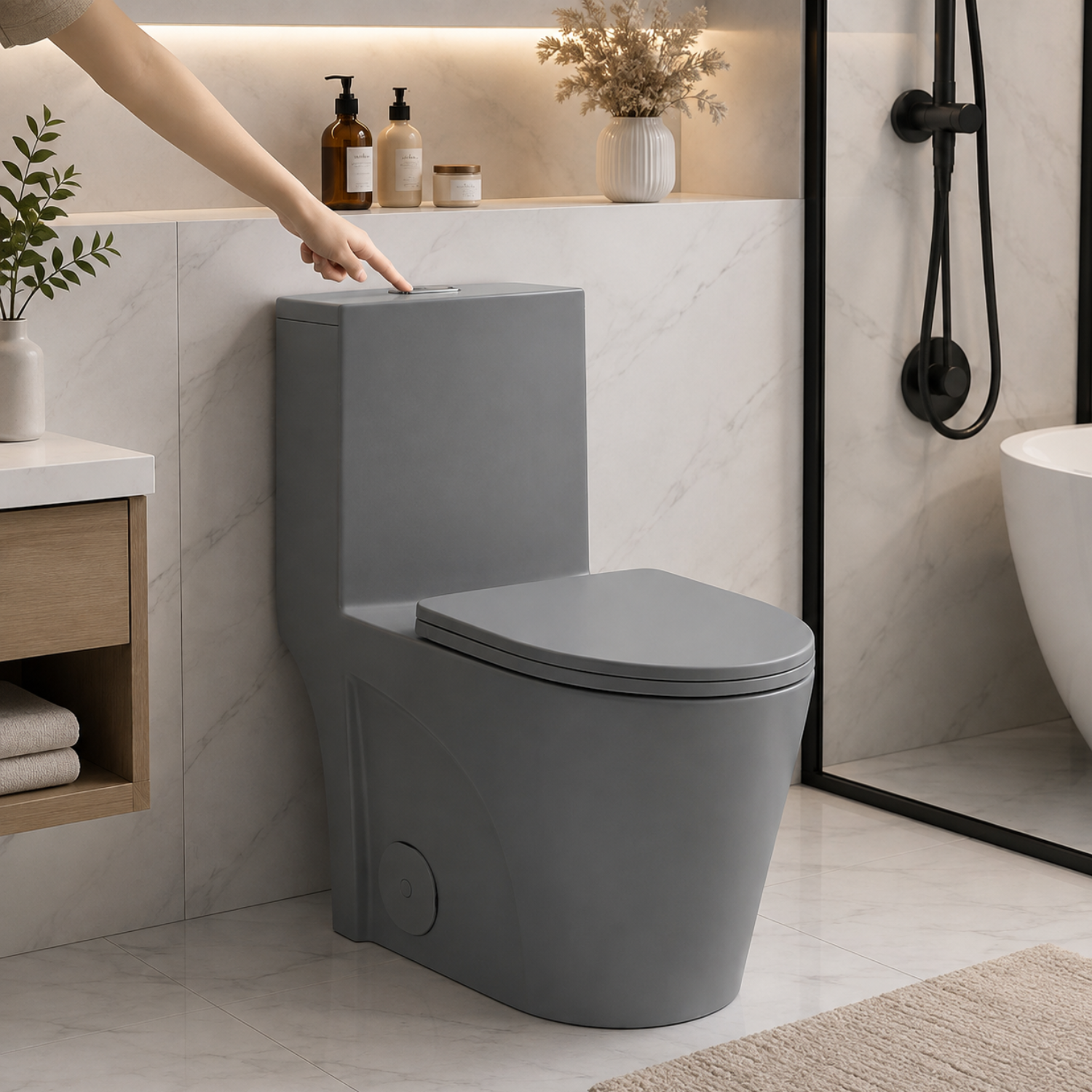 Femunden - Light Gray Modern One-Piece Toilet with Dual Flush & Soft-Close Seat
