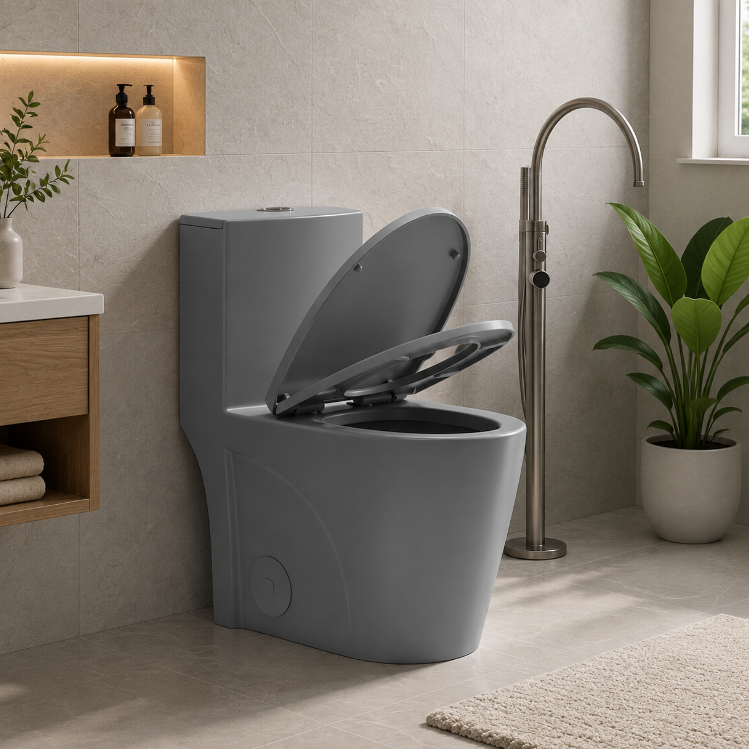 Femunden - Light Gray Modern One-Piece Toilet with Dual Flush & Soft-Close Seat