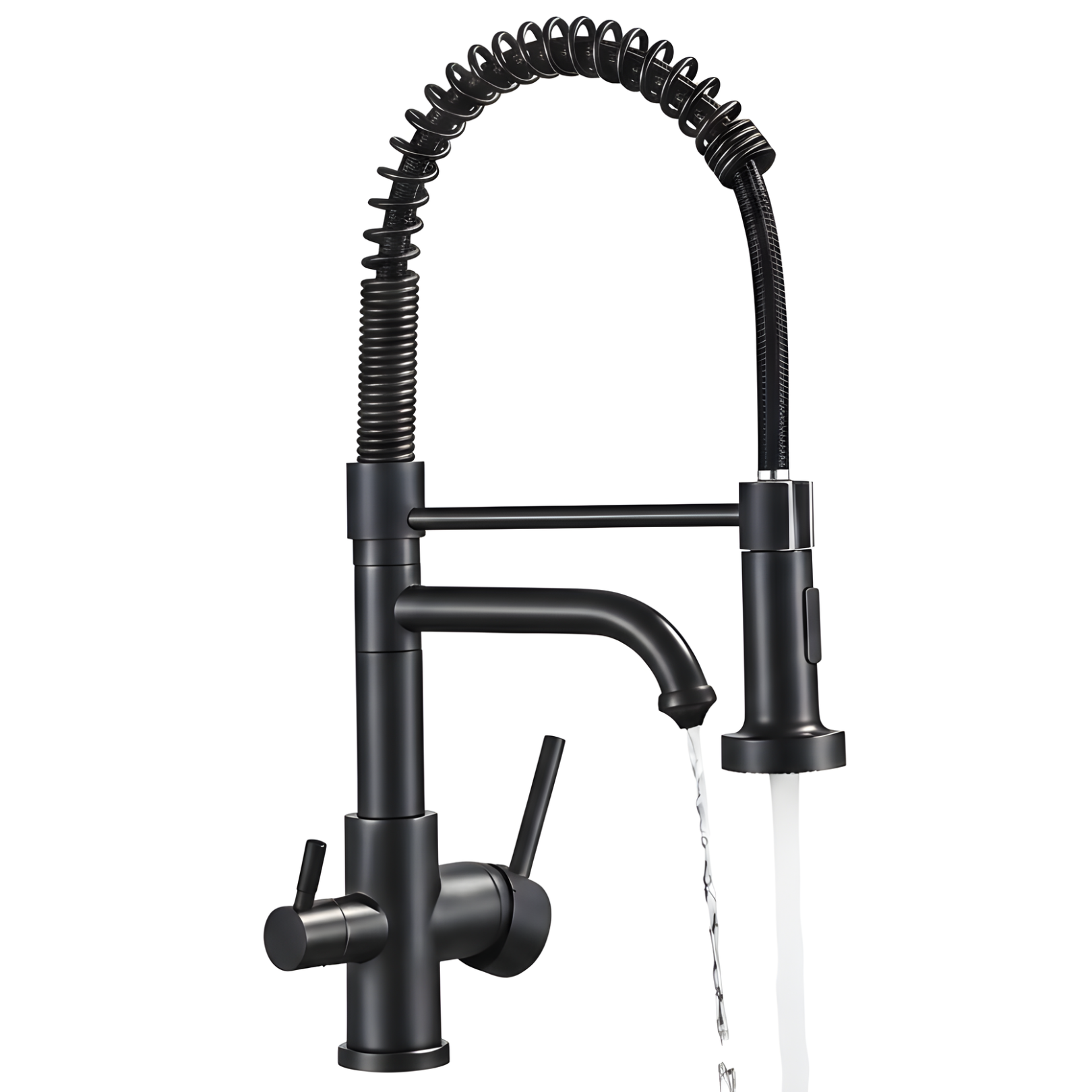 Black kitchen faucet with water flowing on a white background