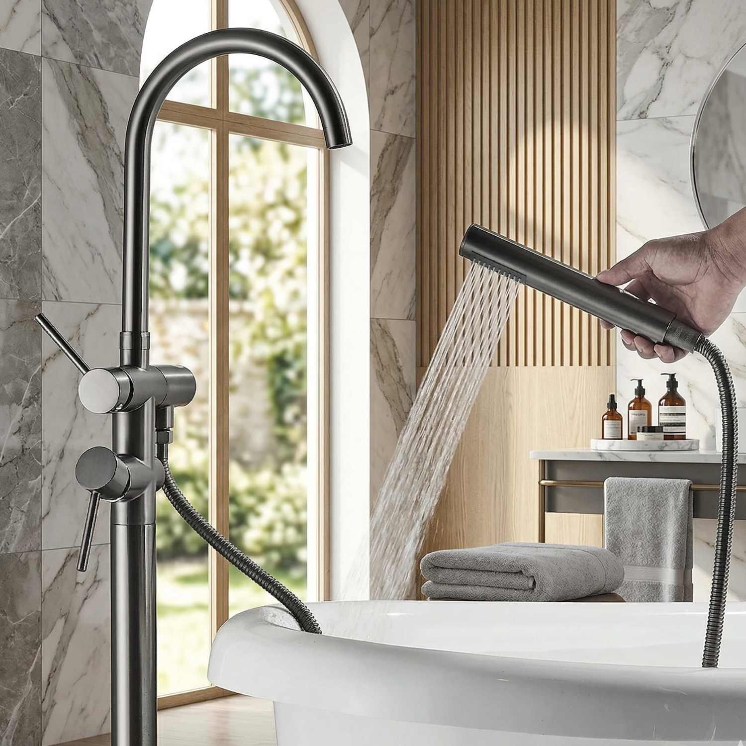 Klaralven - Bathtub Shower Faucet Set Floor Standing Shower System with 360 Swivel Spout Bathroom Bath Bathtub Mixer
