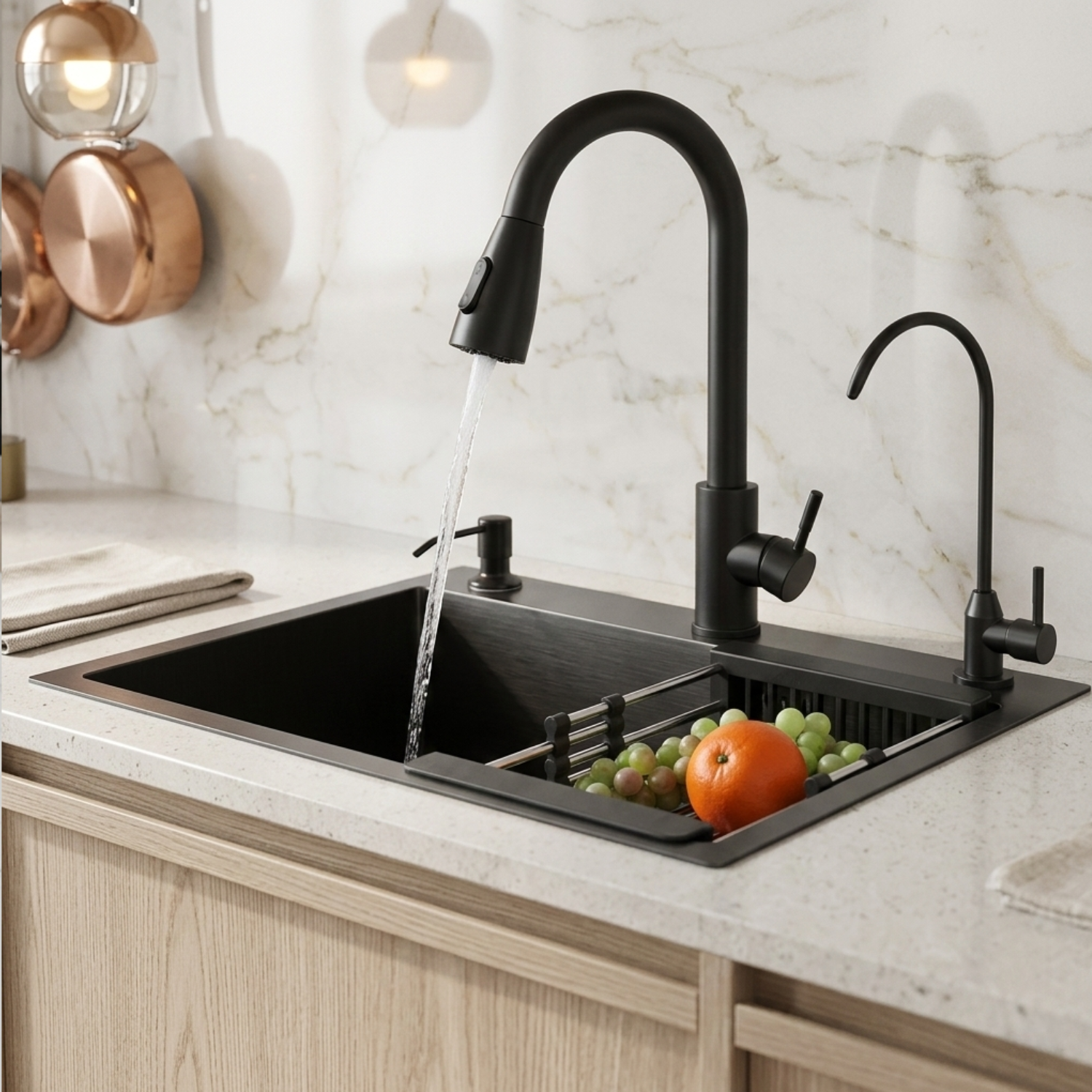 Modern kitchen sink with black faucet and running water, fruits in the sink.