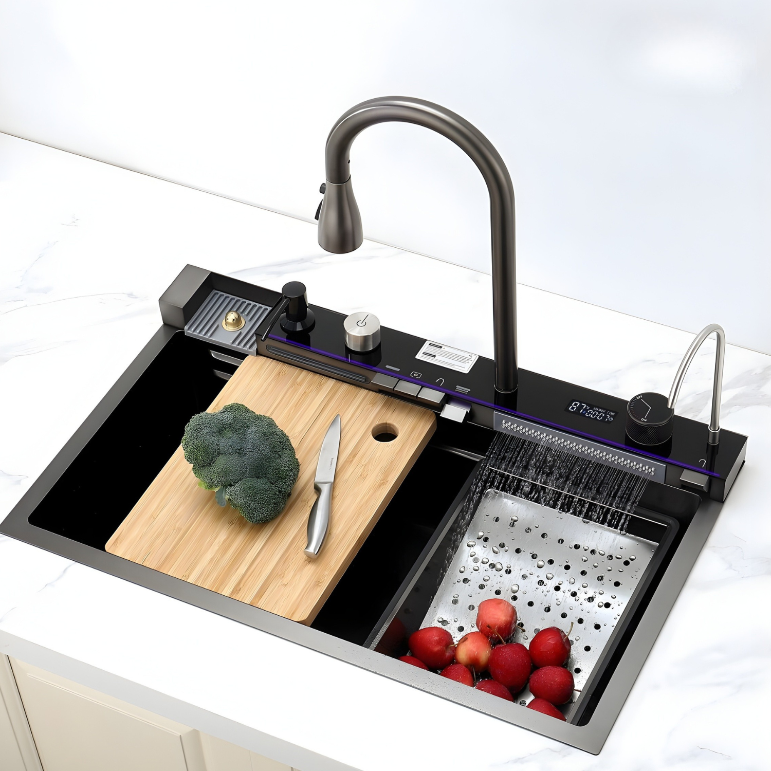 Modern kitchen sink with cutting board, vegetables, and faucet on a white countertop.