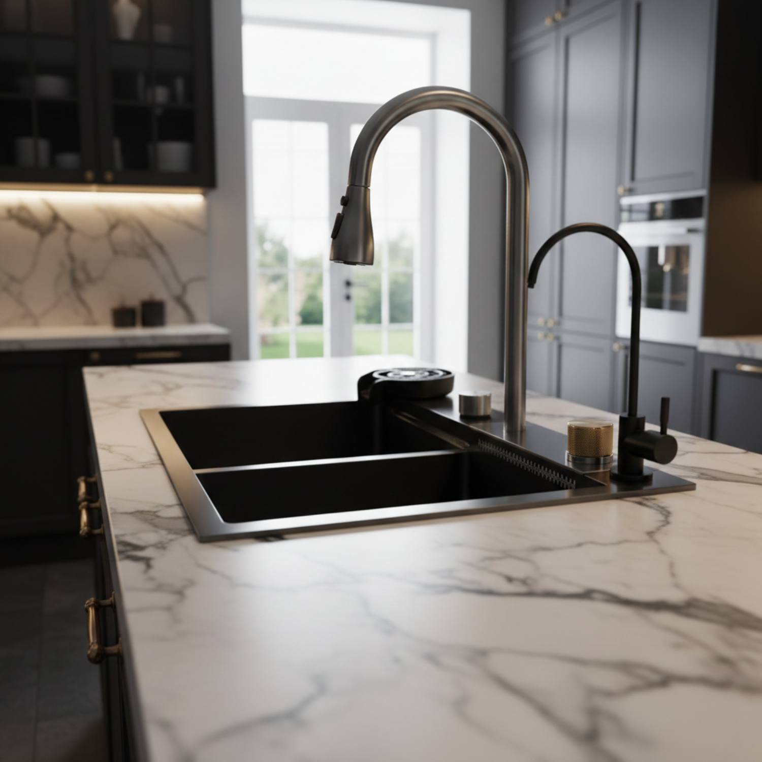 Modern kitchen sink with faucet on a marble countertop
