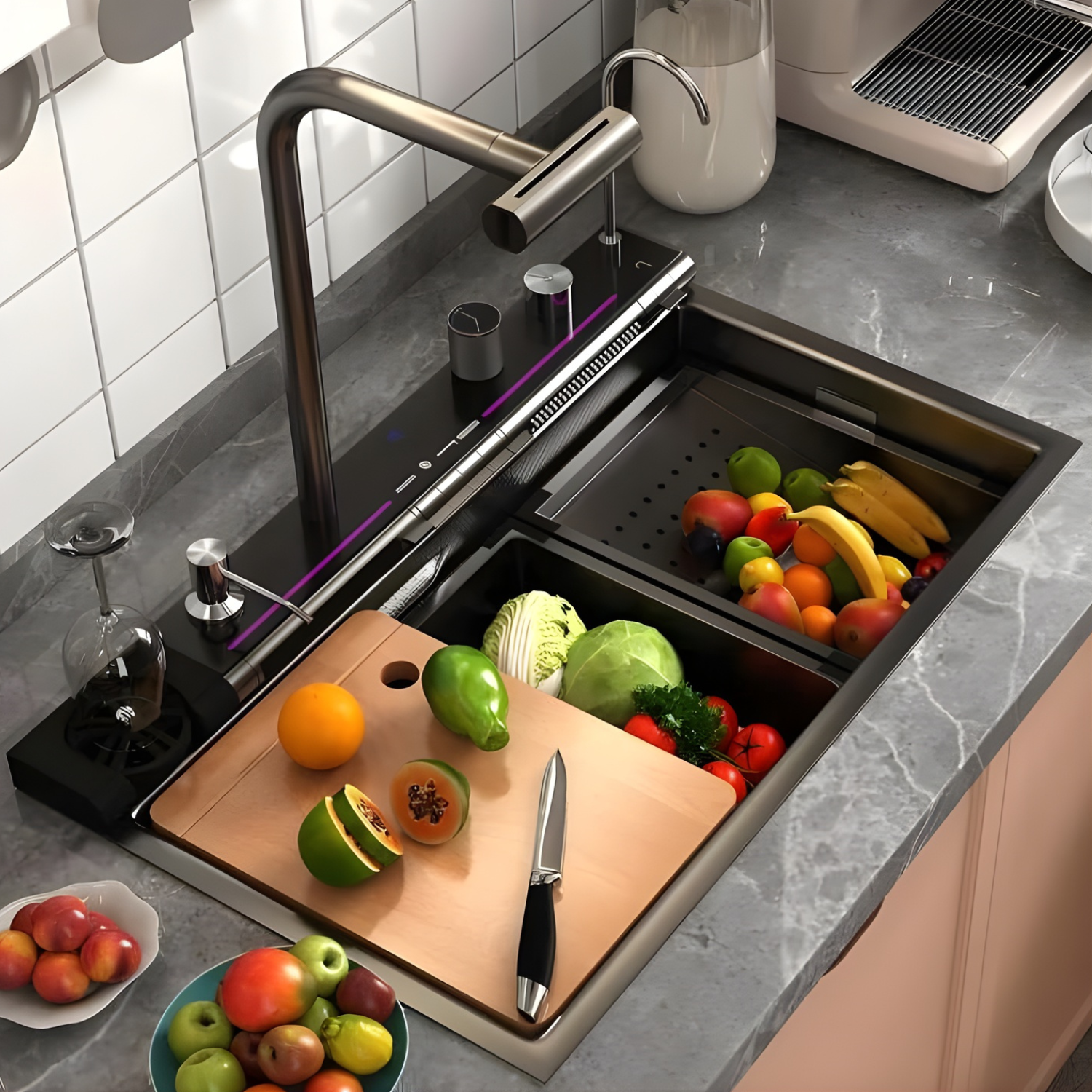 Modern kitchen sink with fruits and vegetables on a gray countertop