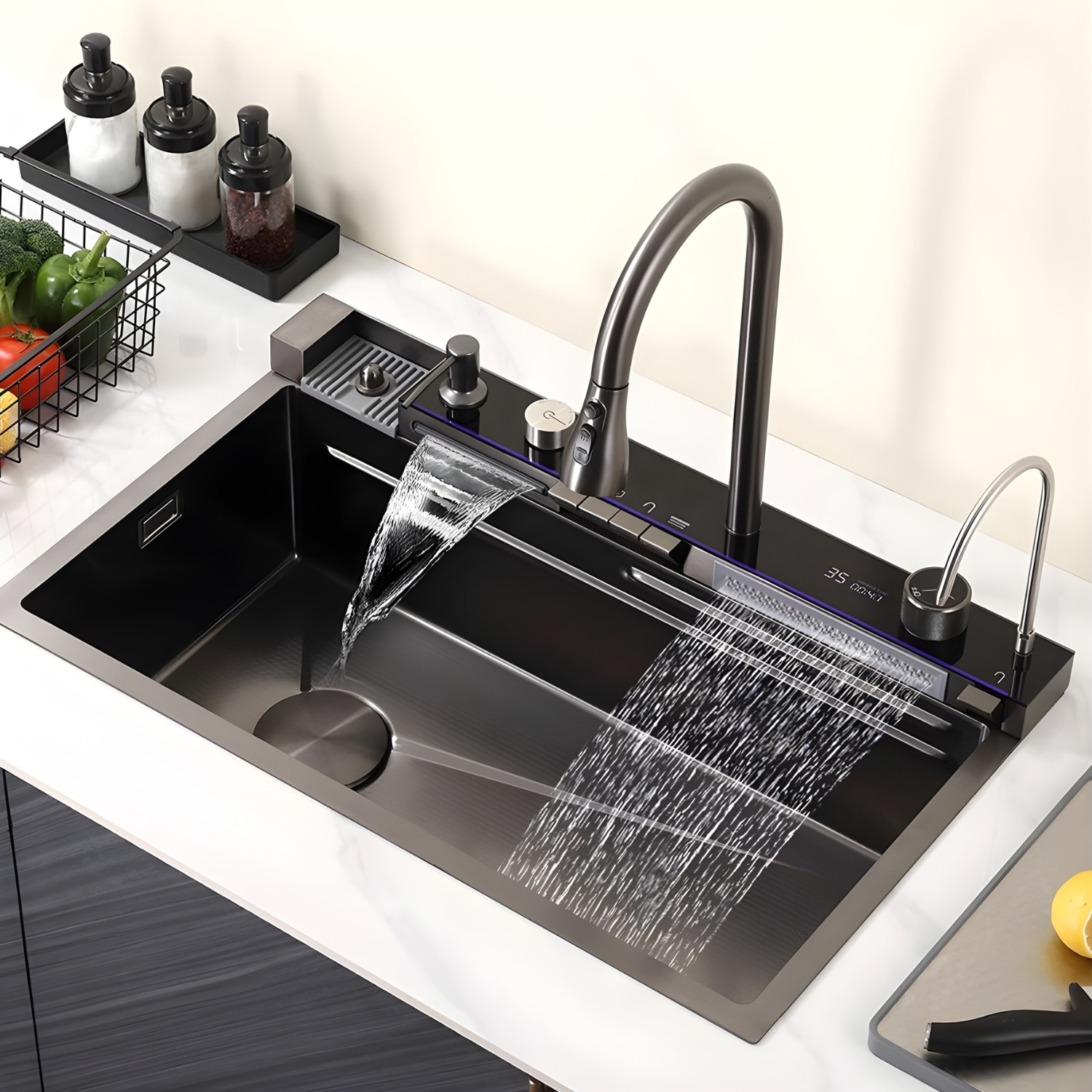 Modern kitchen sink with water flowing from faucet