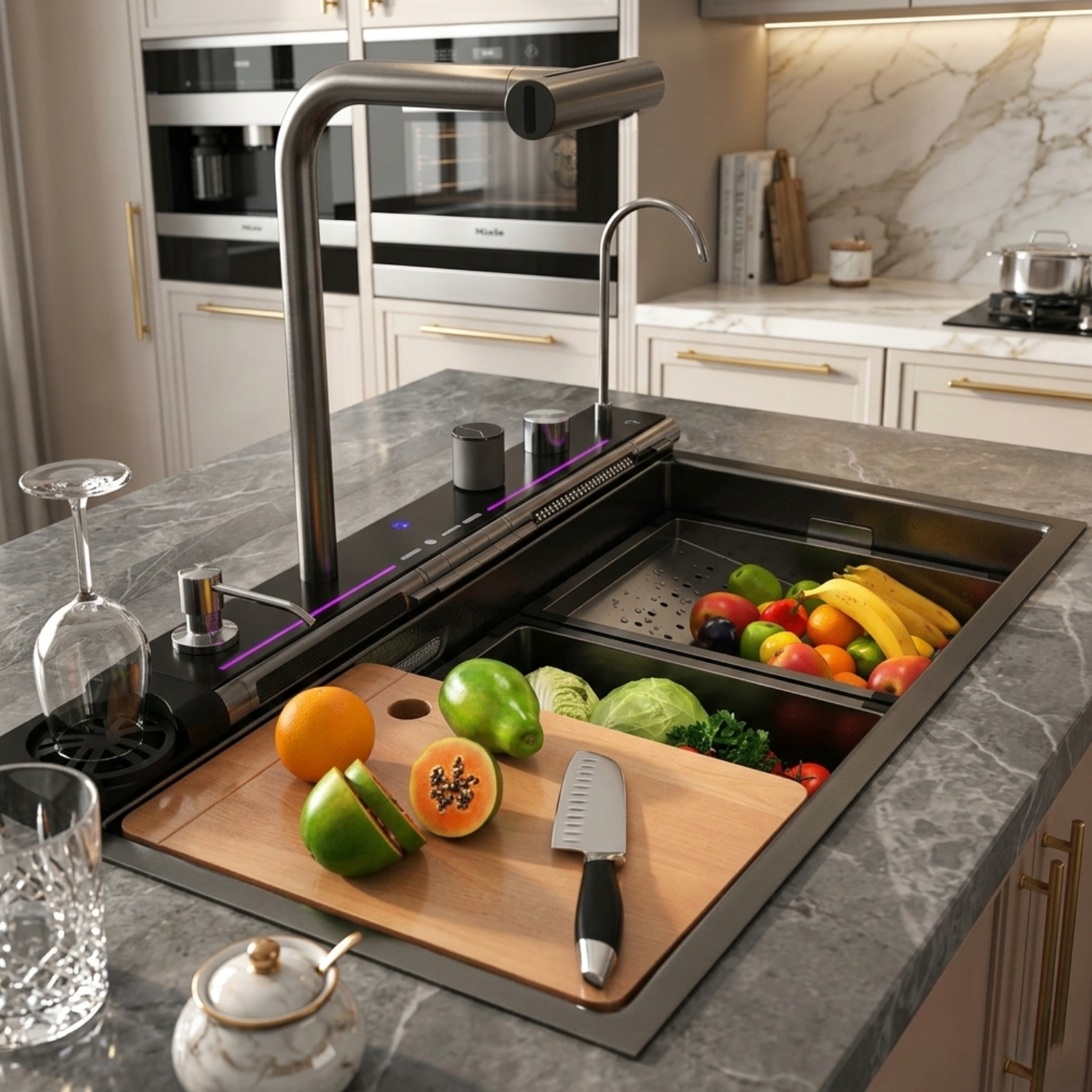 Modern kitchen with a double sink, cutting board, and various fruits and vegetables.