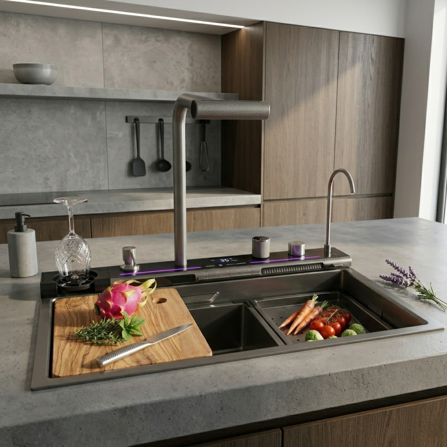 Modern kitchen with a double sink, cutting board, and vegetables.