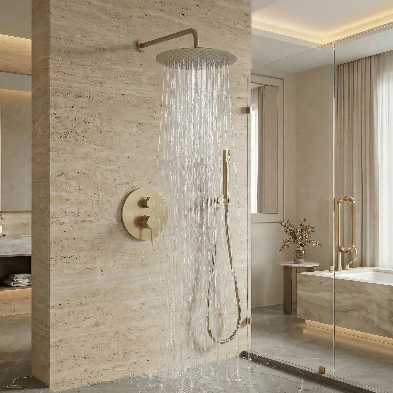 Odense -Brushed Gold Shower Faucet Wall Mounted Big Rainfall Head Hand Sprayer Set