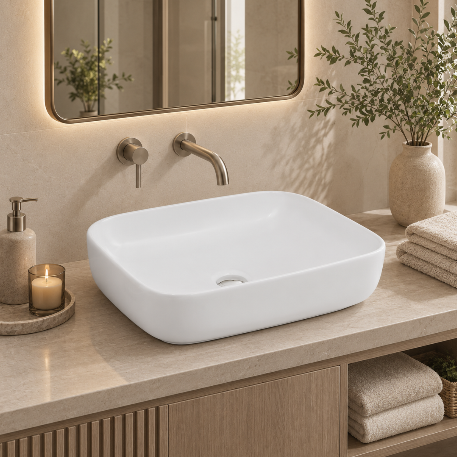 Orkla - Semi-Recessed Rectangular Ceramic Bathroom Vessel Sink