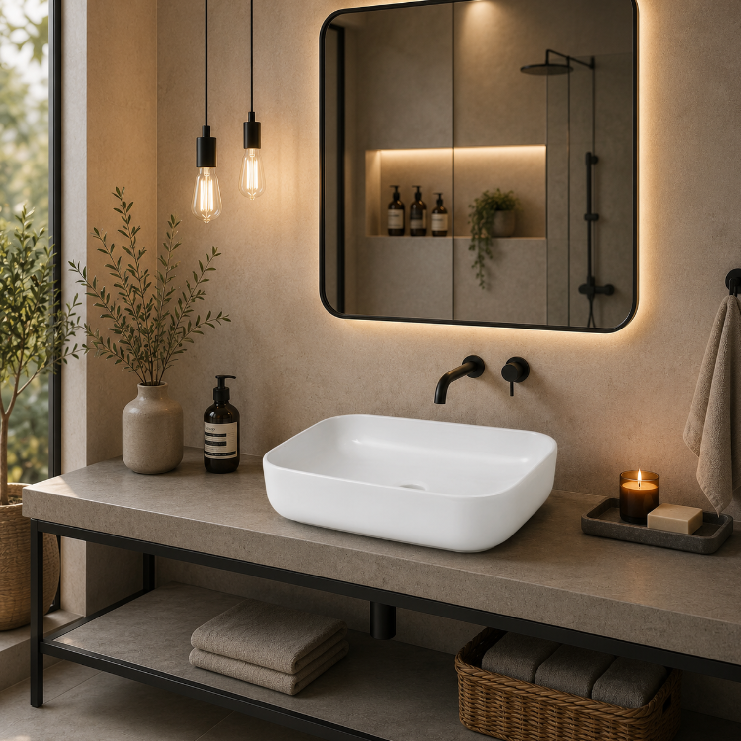 Orkla - Semi-Recessed Rectangular Ceramic Bathroom Vessel Sink