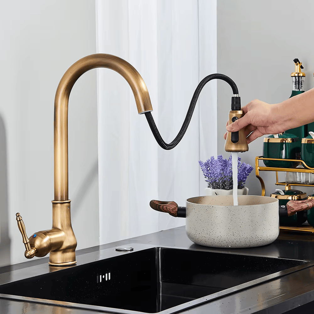 Wood antique pull-out kitchen faucet