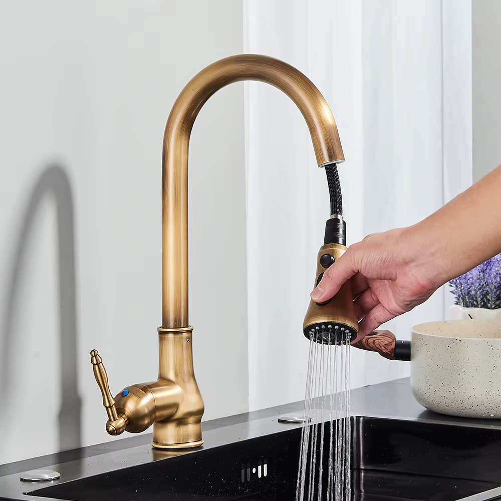 Wood antique pull-out kitchen faucet